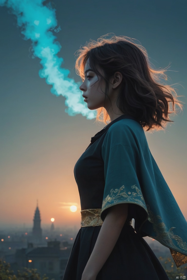 1girl, (from side), (silhouette:1.2), profile, big hair, masterpiece, best quality, light particle, depth of field, field, scenery, fantasy, indigo light, (far away:1.1), cute girl, midriff, tribal sash, pastel colors, chromatic aberration, glow in the dark dark, cloudy sky, space, orange aura, aura, cinematic, dark atmosphere, night , dark hole, glowing eyes, teal light, illumination, light rays, eye in the sky, (grass:0.9), falling petals, oniric portrait of a tall cloaked figure with a white mask, Azem the Traveler, yearning to explore the ends of the world to discover its wonders and help its denizens, by Andy Kehoe, a gradient masterpiece, blue cyan yellow, Rococopunk, luminism, seamless, China ink, Ink Bubbles, Gold leaf lines, alcohol ink elements, curved lines, cinematic, realism, chiaroscuro, Shadow play, Gold leaf small lines, bright splashes of alcohol ink puddles, volumetric light, auras, rays of sunlight, bright colors reflect, isometric, digital art, smog, pollution, toxic waste, chimneys and railroads, 3d render, octane render, volumetrics, by greg rutkowski, anime style
