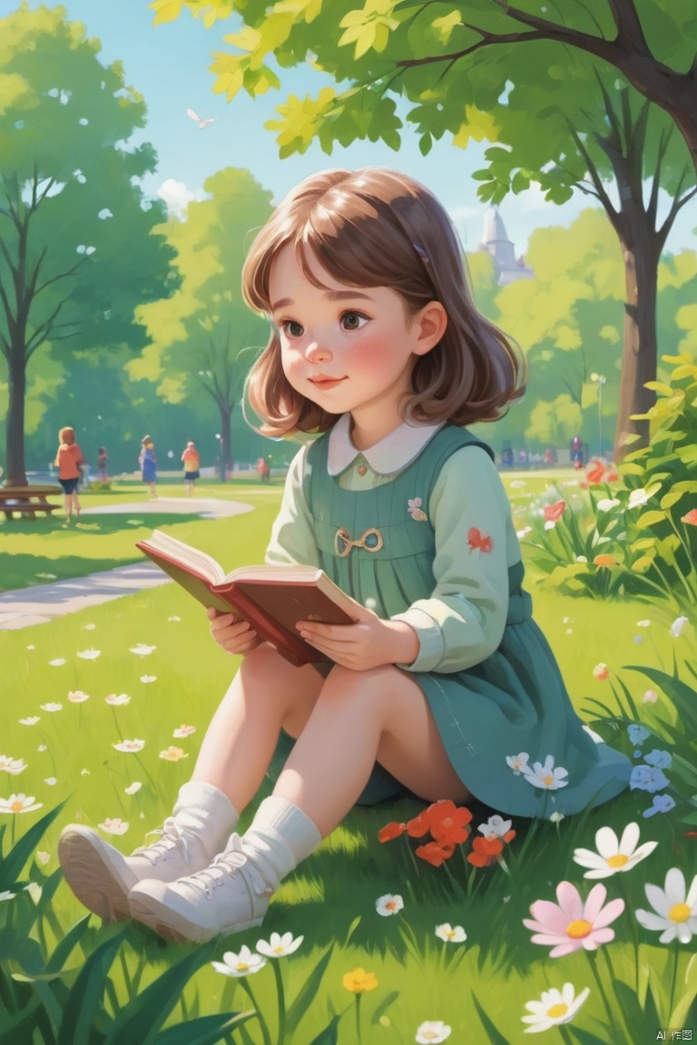 flat Illustrations, A Cute Little Girl is Enjoying the Spring Greenery in the Park,hildren’s Picture Book Illustrations, Nordic Style, , Bright and Colorful Colors, Lovely Narrative, Rich and Colorful Content, High Definition, 8K., colorful