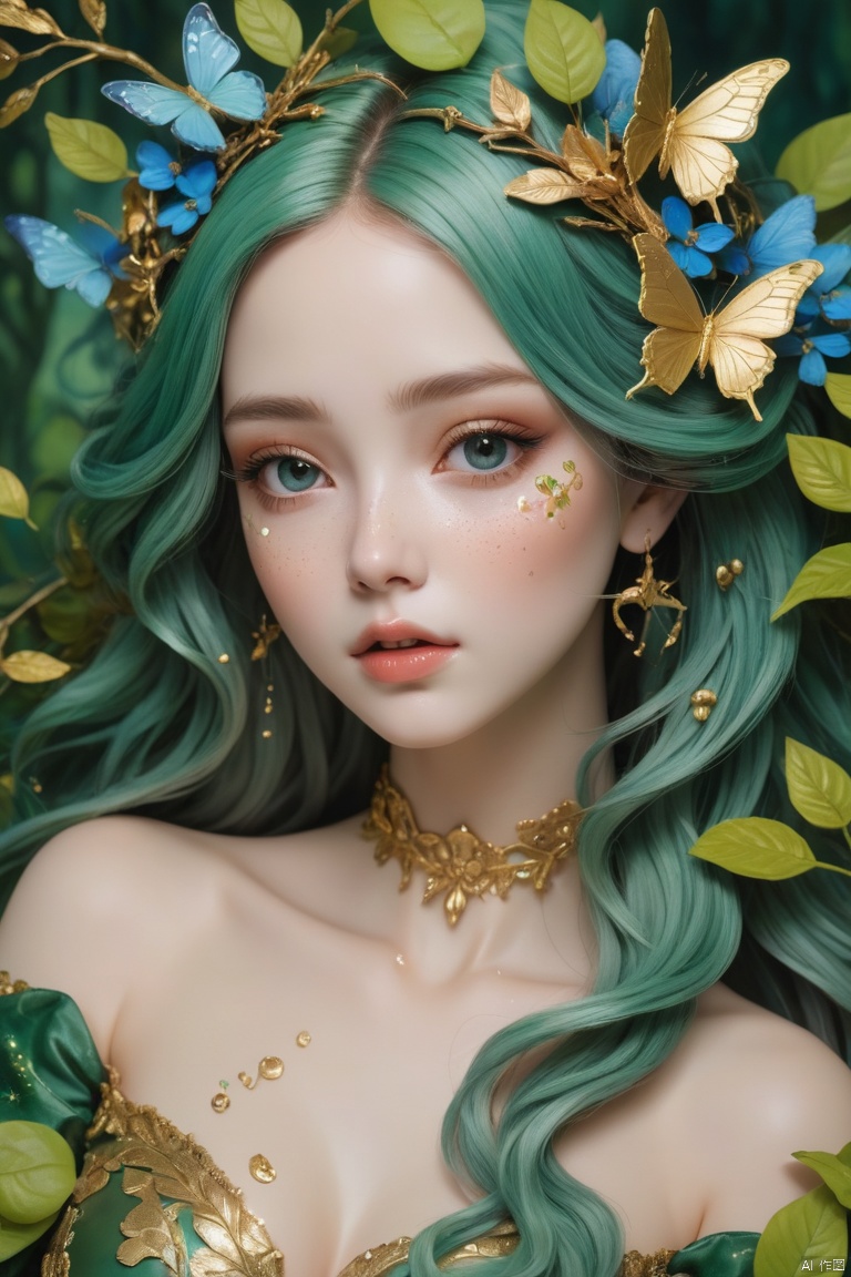  splash art, digital painting, alcohol ink painting, luminism, golden lines, BjD doll face, porcelain skin, baroque, long swirling green hair, lavish green leaves, falling blue flowers, celestial lighting, butterflies, tree branches, sky, golden glowing, water drops,

best quality, masterpiece, high res, absurd res,
perfect lighting, vibrant colors, intricate details,
high detailed skin, pale skin,
