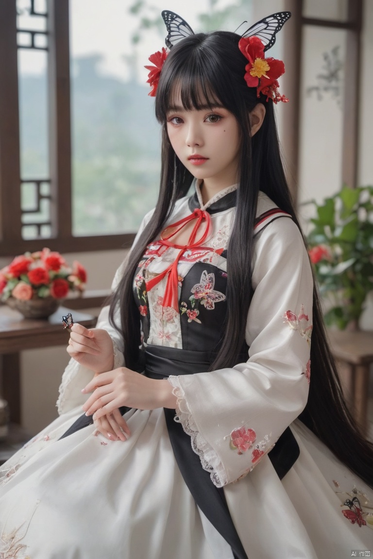 HUBG_Rococo_Style(loanword), 1girl, solo, Chinese clothes, long hair, butterfly, pale skin, bug, black hair, Hanfu, hime cut, bangs, bracelet, blunt bangs, jewelry, red eyes, (flower Theme),cowboy shot, (alive skin)