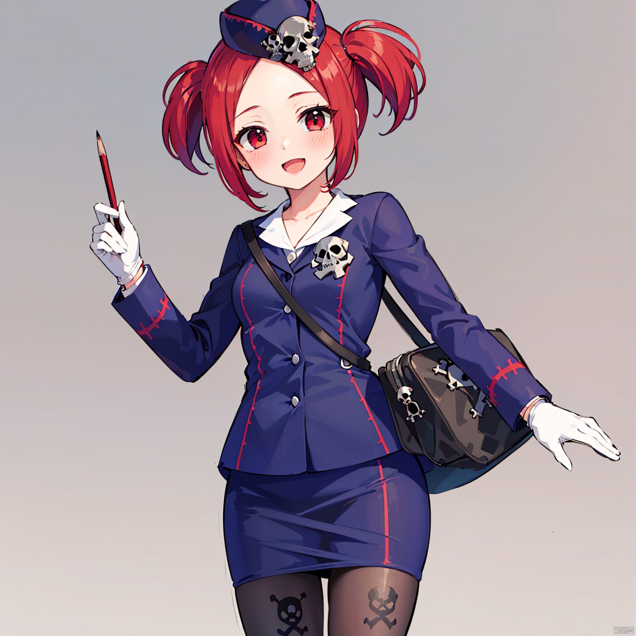  masterpiece, bestquality, Tour Guide From the Underworld, 1girl, solo, looking at viewer, smile, short hair, open mouth, skirt, red eyes, gloves, hat, twintails, jacket, pantyhose, red hair, white gloves,, pencil skirt, skull, skull and crossbones, skull print,