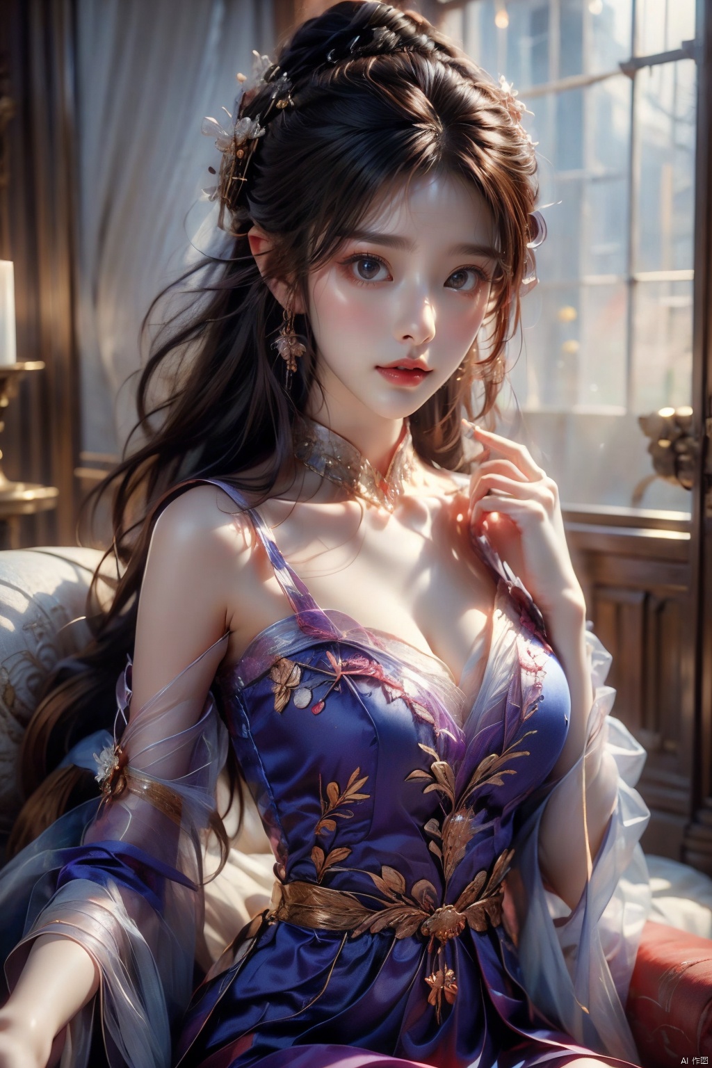 Masterpiece, Best Quality, HD 16K, a girl, bust, purple theme, delicate features, traditional dress, hair accessories, film-level lighting rendering, lifelike, details enhanced,