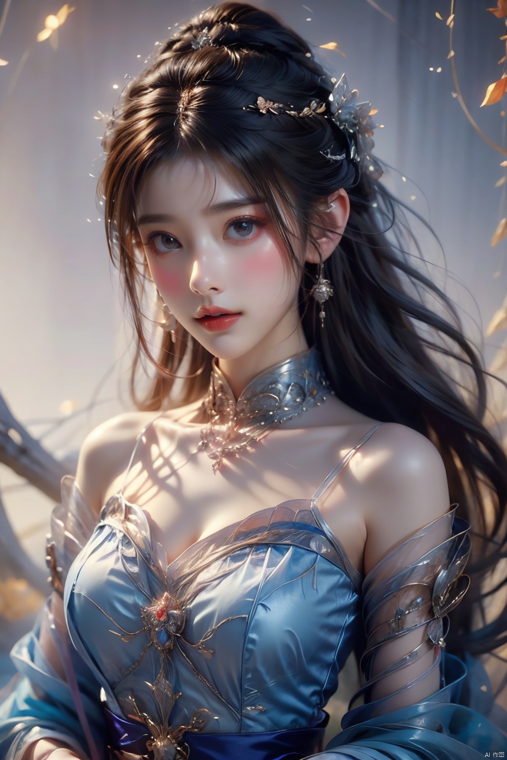A bust portrait of an ancient beauty with exquisite features and unparalleled looks, dressed in lavish traditional attire and adorned with complex hair accessories, her gaze deep and mysterious, as if narrating a millennia-old tale., wunv