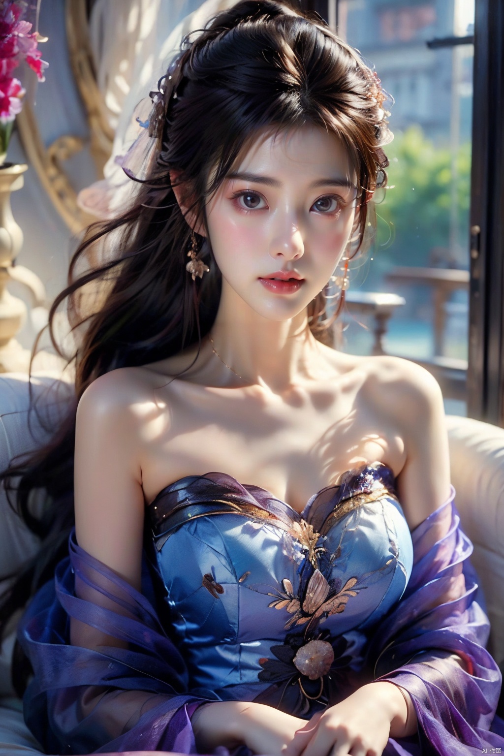 Masterpiece, Best Quality, HD 16K, a girl, bust, purple theme, delicate features, traditional dress, hair accessories, film-level lighting rendering, lifelike, details enhanced,