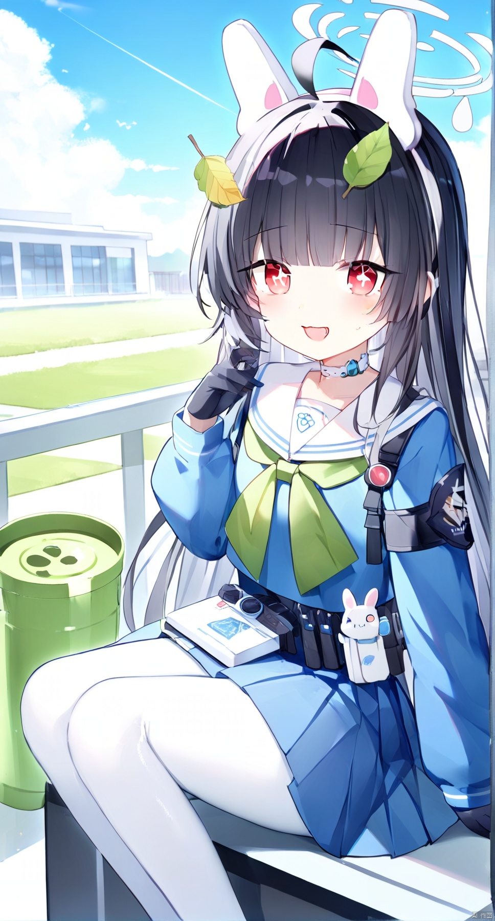 1girl,solo,(masterpiece:1.3),( beautiful:1.2),(high quality:1.2),(finely detailed:1.2),extremely detailed CG unity 8k wallpaper,best quality,a very delicate and beautiful,perfect fingers,(one cute girl at the center:1.2),loli,
long hair,blush, bangs, skirt, shirt, black hair, red eyes, gloves, long sleeves, animal ears,school uniform, ahoge, pantyhose, pleated skirt, serafuku, black gloves, belt, sailor collar, rabbit ears, blue skirt, neckerchief, fake animal ears, leaf, halo, blue shirt, white pantyhose, white sailor collar, knee pads, leaf on head, binoculars, trash can, blue serafuku,greenneckerchief,miyu\(bluearchive\)
,@_@
,open_mouth, outdoors, blue sky,sunlight, clouds, school building,lawn, sitting,  smile, looking_at_viewer,  miyuBA