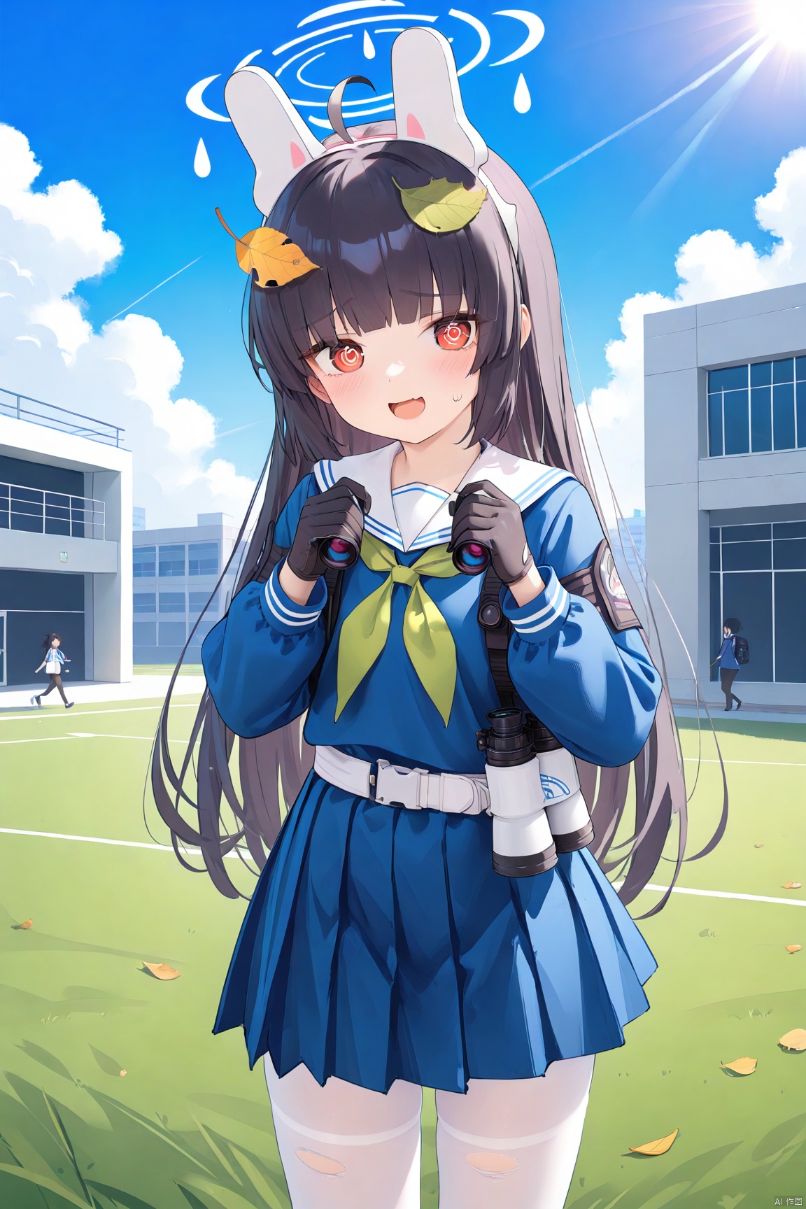1girl,solo,(masterpiece:1.3),( beautiful:1.2),(high quality:1.2),(finely detailed:1.2),extremely detailed CG unity 8k wallpaper,best quality,a very delicate and beautiful,perfect fingers,(one cute girl at the center:1.2),loli,
long hair,blush, bangs, skirt, shirt, black hair, red eyes, gloves, long sleeves, animal ears,school uniform, ahoge, pantyhose, pleated skirt, serafuku, black gloves, belt, sailor collar, rabbit ears, blue skirt, neckerchief, torn clothes, fake animal ears, leaf, halo, blue shirt, white pantyhose, white sailor collar, knee pads, leaf on head, binoculars, trash can, blue serafuku,greenneckerchief,miyu\(bluearchive\)
,@_@
,open_mouth, outdoors, blue sky,sunlight, clouds, school building,lawn, cowboy_shot, standing,  smile, looking_at_viewer, nagatoAL,nagatoCasual, miyuBA