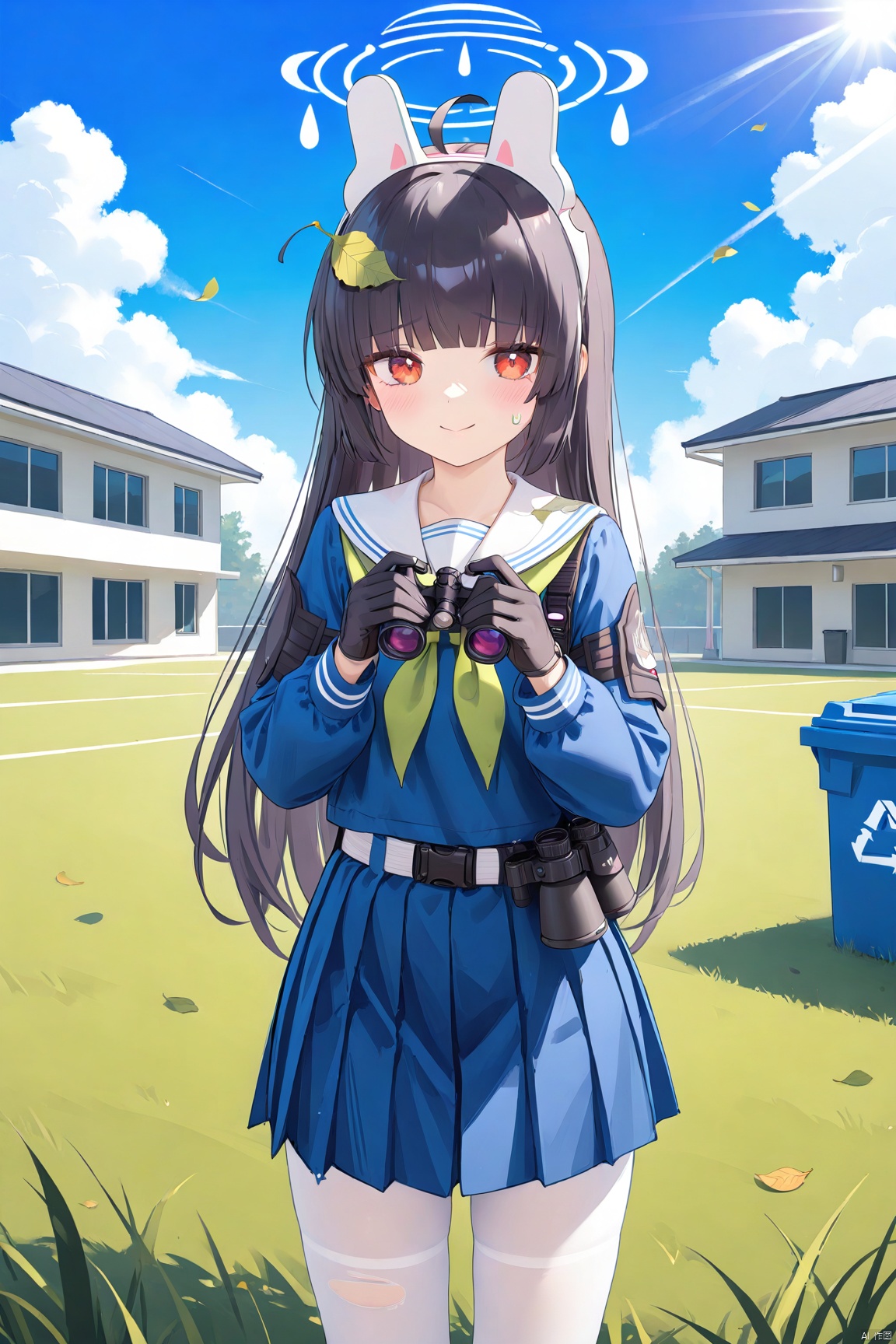 1girl,solo,(masterpiece:1.3),( beautiful:1.2),(high quality:1.2),(finely detailed:1.2),extremely detailed CG unity 8k wallpaper,best quality,a very delicate and beautiful,perfect fingers,(one cute girl at the center:1.2),loli,
long hair,blush, bangs, skirt, shirt, black hair, red eyes, gloves, long sleeves, animal ears,school uniform, ahoge, pantyhose, pleated skirt, serafuku, black gloves, belt, sailor collar, rabbit ears, blue skirt, neckerchief, torn clothes, fake animal ears, leaf, halo, blue shirt, white pantyhose, white sailor collar, knee pads, leaf on head, binoculars, trash can, blue serafuku,greenneckerchief,miyu\(bluearchive\)

,closed_mouth, outdoors, blue sky,sunlight, clouds, school building,lawn, cowboy_shot, standing,  smile, looking_at_viewer, nagatoAL,nagatoCasual, miyuBA