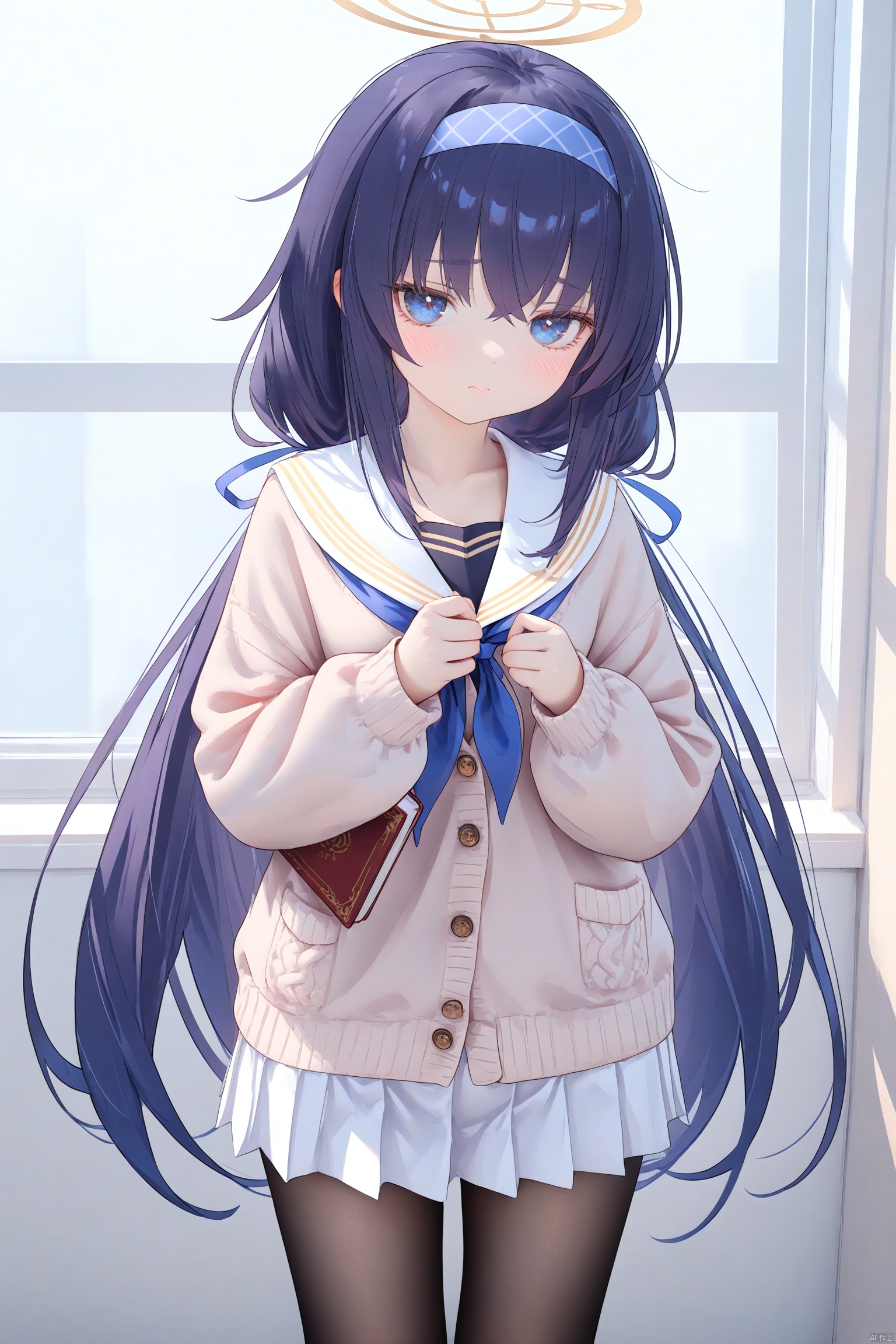 1girl,solo,(masterpiece:1.3),( beautiful:1.2),(high quality:1.2),(finely detailed:1.2),extremely detailed CG unity 8k wallpaper,best quality,a very delicate and beautiful,perfect fingers,(one cute girl at the center:1.2),high_res,

 long hair, bangs, blue eyes, skirt, black hair, long sleeves, ribbon, hair between eyes, twintails, very long hair, school uniform, hair ribbon, pleated skirt, hairband,serafuku, sailor collar, neckerchief, book, low twintails, halo, white skirt, cardigan, long skirt, white sailor collar, bags under eyes, blue hairband, white serafuku, ui\(bluearchive\),long dress,black pantyhose,indoors,libary,standing, cowboy_shot,
shy, blush, closed_mouth,  uiBA