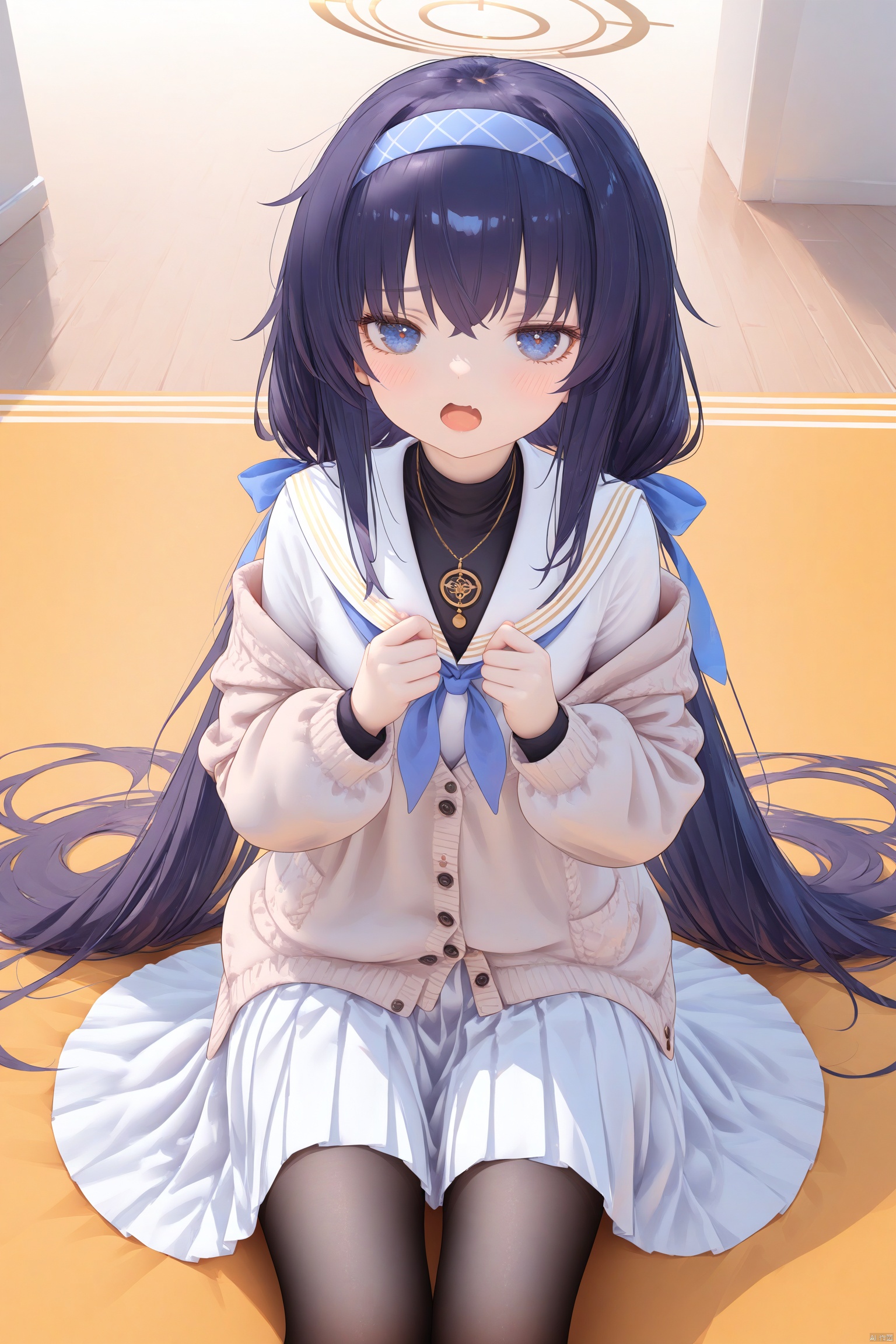  1girl,solo,(masterpiece:1.3),( beautiful:1.2),(high quality:1.2),(finely detailed:1.2),extremely detailed CG unity 8k wallpaper,best quality,a very delicate and beautiful,perfect fingers,(one cute girl at the center:1.2),high_res,

 long hair, bangs, blue eyes, skirt, black hair, long sleeves, ribbon, hair between eyes, twintails, very long hair, school uniform, hair ribbon, pleated skirt, hairband,serafuku, sailor collar, neckerchief, book, low twintails, halo, white skirt, cardigan, long skirt, white sailor collar, bags under eyes, blue hairband, white serafuku, ui\(bluearchive\),long dress,black pantyhose,indoors,libary,
shy, blush, open_mouth,  uiBA
