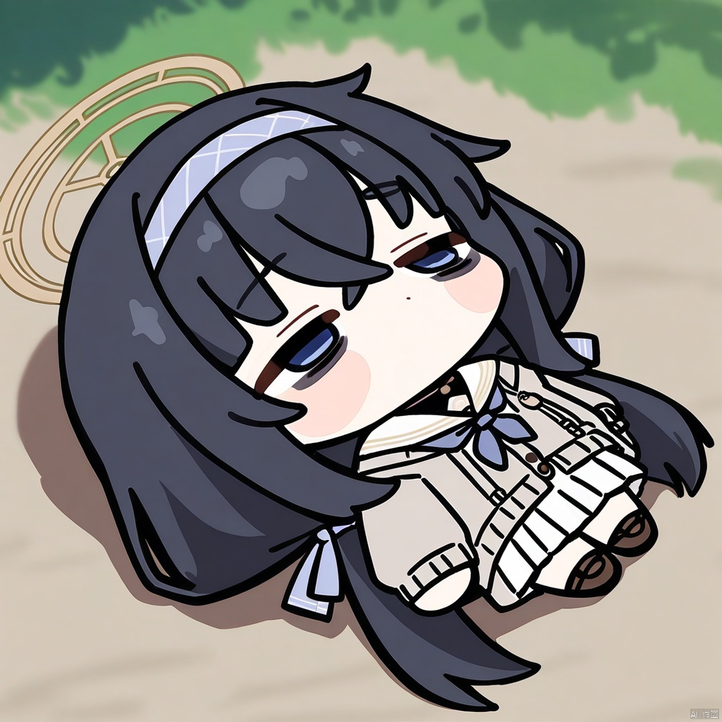  lying-on-back, chibi, full body, (masterpiece),(best quality),solo, red flower, 1girl, blush, looking at viewer, outdoors, blurry, uiBA, long hair, bangs, blue eyes, skirt, black hair, long sleeves, ribbon, hair between eyes, twintails, very long hair, school uniform, hair ribbon, pleated skirt, hairband,serafuku, sailor collar, neckerchief, book, low twintails, halo, white skirt, cardigan, long skirt, white sailor collar, bags under eyes, blue hairband, white serafuku, ui\(bluearchive\)