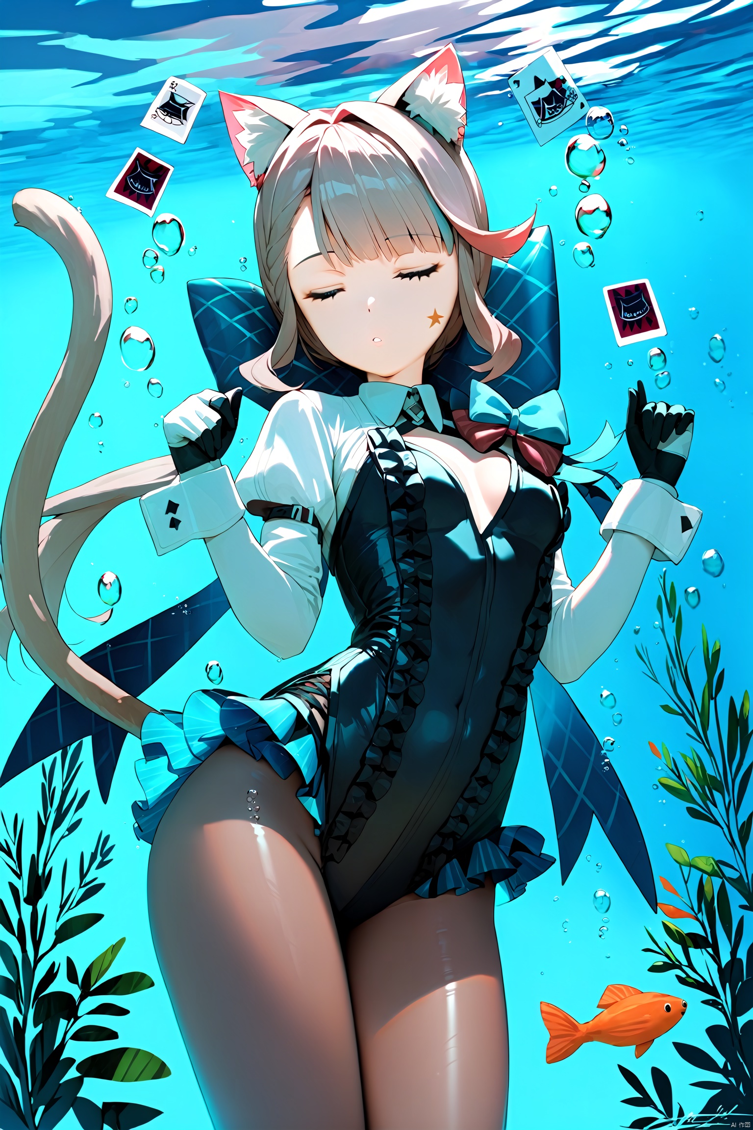  score_9,score_8_up,score_7_up,best quality,masterpiece,source_anime,
masterpiece, best quality,8K,detailed,(good hands:0.5),
1girl, animal ears, cat ears, solo, pantyhose, closed eyes, underwater, card, fish, bow, long hair, frilled leotard, gloves, air bubble, long sleeves, cat girl, bubble, black pantyhose, leotard, breasts, black gloves, parted lips, frills, black leotard, cat tail, submerged, two-tone gloves, animal ear fluff, small breasts, playing card, cowboy shot, star \(symbol\), hands up,lnt, def clothe, 
