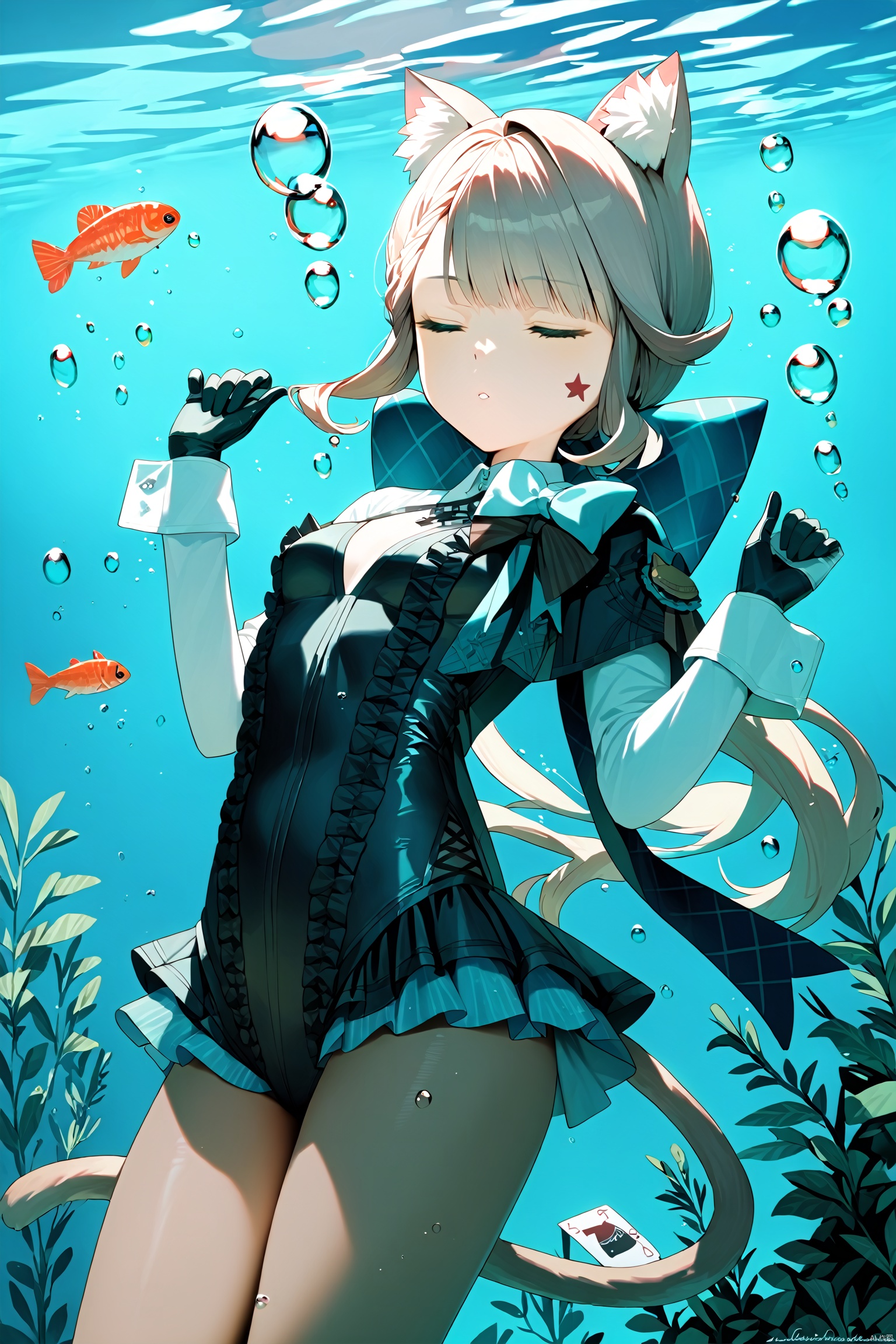  score_9,score_8_up,score_7_up,best quality,masterpiece,source_anime,
masterpiece, best quality,8K,detailed,(good hands:0.5),
1girl, animal ears, cat ears, solo, pantyhose, closed eyes, underwater, card, fish, bow, long hair, frilled leotard, gloves, air bubble, long sleeves, cat girl, bubble, black pantyhose, leotard, breasts, black gloves, parted lips, frills, black leotard, cat tail, submerged, two-tone gloves, animal ear fluff, small breasts, playing card, cowboy shot, star \(symbol\), hands up,lnt, def clothe, 
