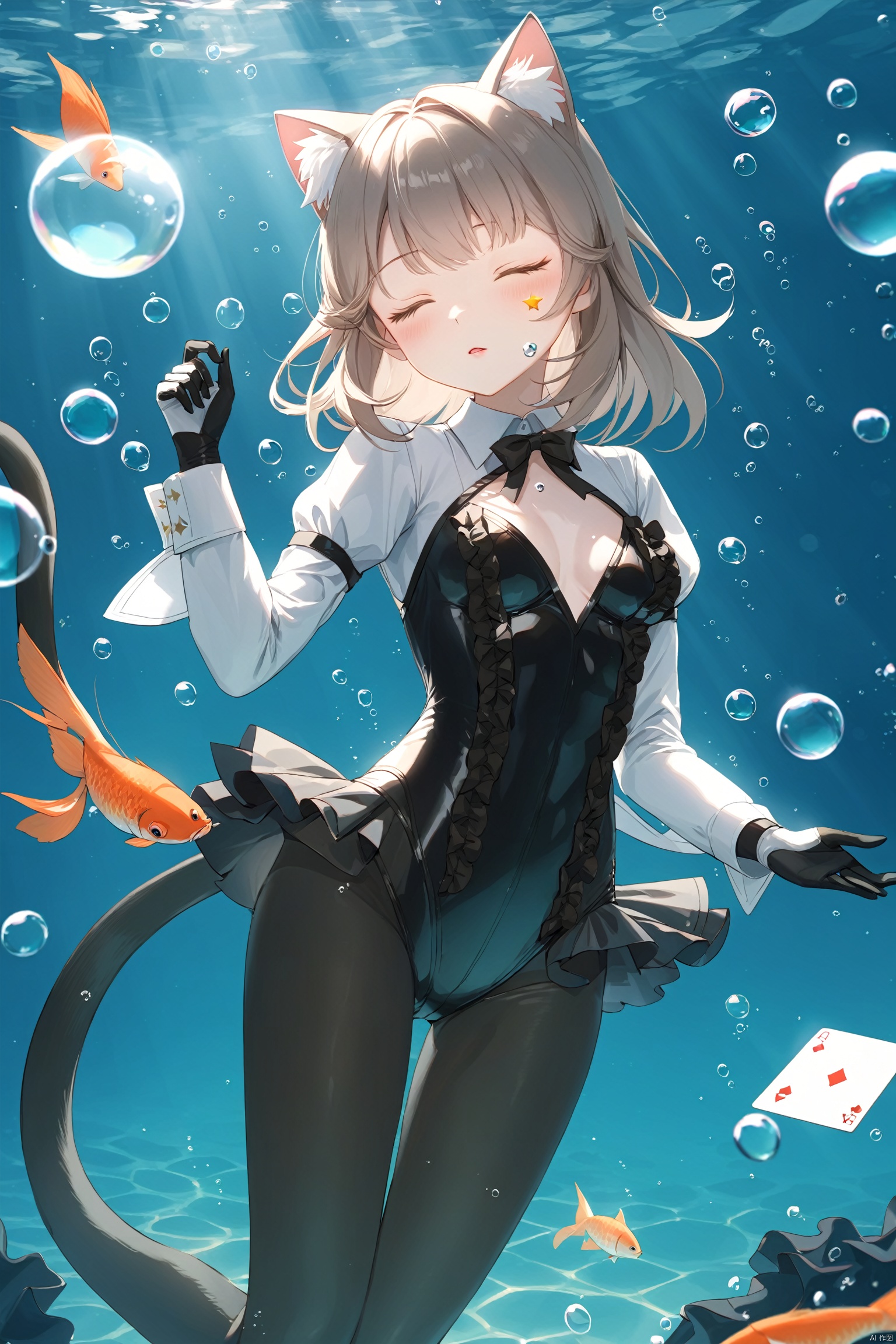  masterpiece, best quality,8K,detailed,(good hands:0.5),
1girl, animal ears, cat ears, solo, pantyhose, closed eyes, underwater, card, fish, bow, long hair, frilled leotard, gloves, air bubble, long sleeves, cat girl, bubble, black pantyhose, leotard, breasts, black gloves, parted lips, frills, black leotard, cat tail, submerged, two-tone gloves, animal ear fluff, small breasts, playing card, cowboy shot, star \(symbol\), hands up,lnt, def clothe, 
