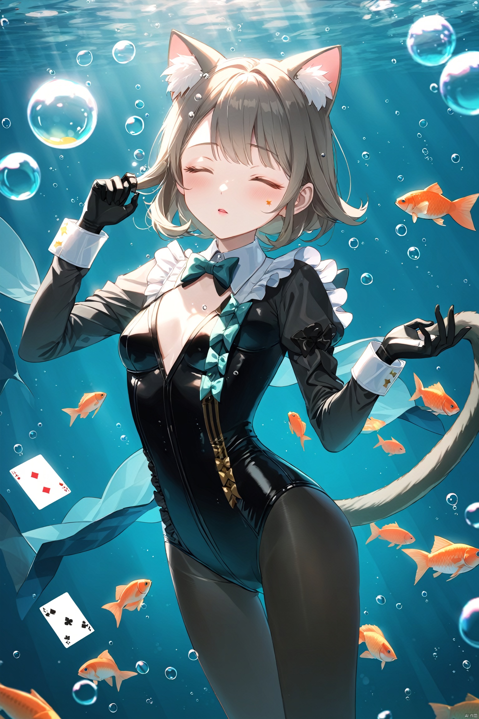  masterpiece, best quality,8K,detailed,(good hands:0.5),
1girl, animal ears, cat ears, solo, pantyhose, closed eyes, underwater, card, fish, bow, long hair, frilled leotard, gloves, air bubble, long sleeves, cat girl, bubble, black pantyhose, leotard, breasts, black gloves, parted lips, frills, black leotard, cat tail, submerged, two-tone gloves, animal ear fluff, small breasts, playing card, cowboy shot, star \(symbol\), hands up,lnt, def clothe, 
