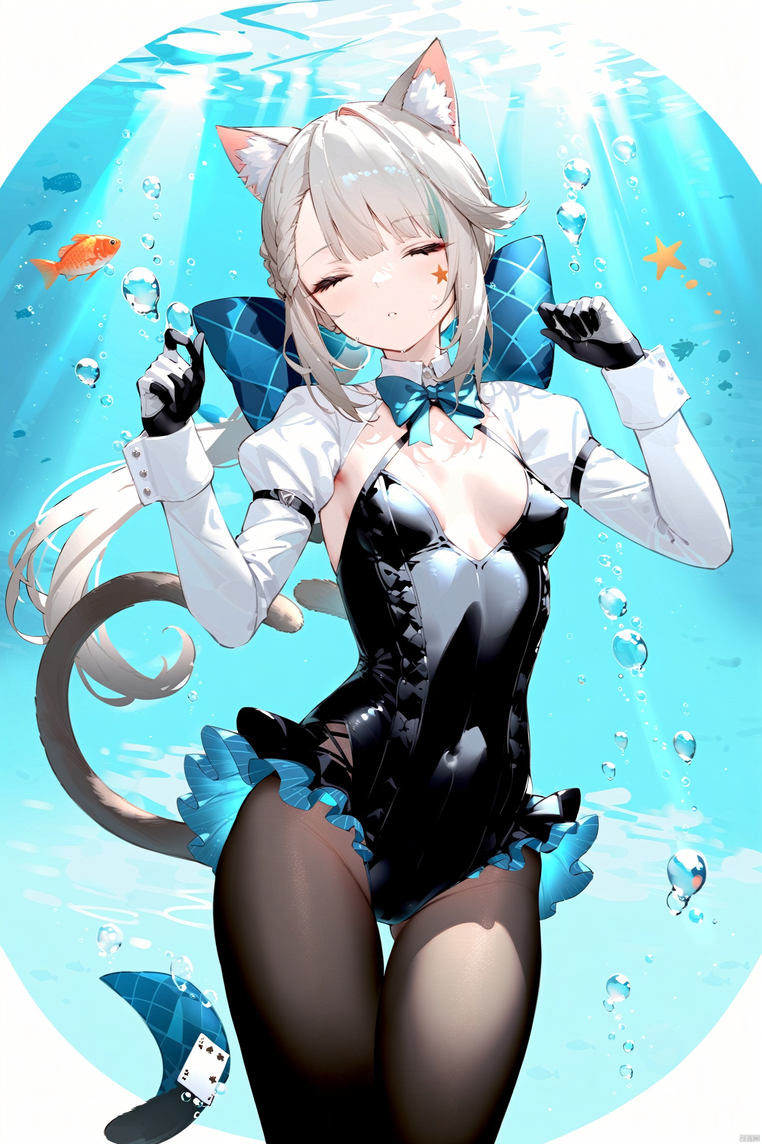  masterpiece, best quality,8K,detailed,(good hands:0.5),
1girl, animal ears, cat ears, solo, pantyhose, closed eyes, underwater, card, fish, bow, long hair, frilled leotard, gloves, air bubble, long sleeves, cat girl, bubble, black pantyhose, leotard, breasts, black gloves, parted lips, frills, black leotard, cat tail, submerged, two-tone gloves, animal ear fluff, small breasts, playing card, cowboy shot, star \(symbol\), hands up,lnt, def clothe, 
