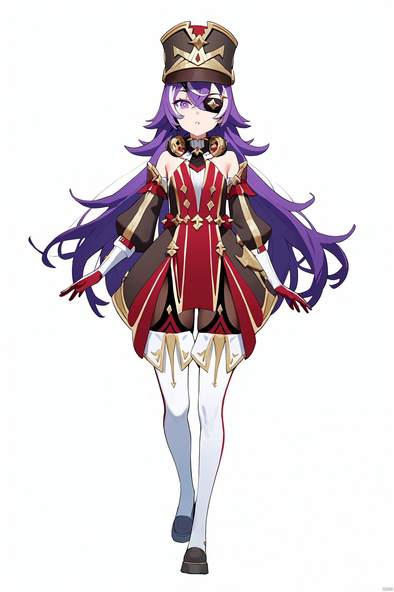  score_9,score_8_up,score_7_up,best quality,masterpiece,source_anime,8k,
masterpiece, best quality,1girl,parted lips, solo,full body,
xwl, def clothe, 1girl, eyepatch, purple hair, purple eyes, long hair, hat, red gloves,
cowboy shot,,white background,wide shot,lens 135mm,f1.8,looking_at_viewer