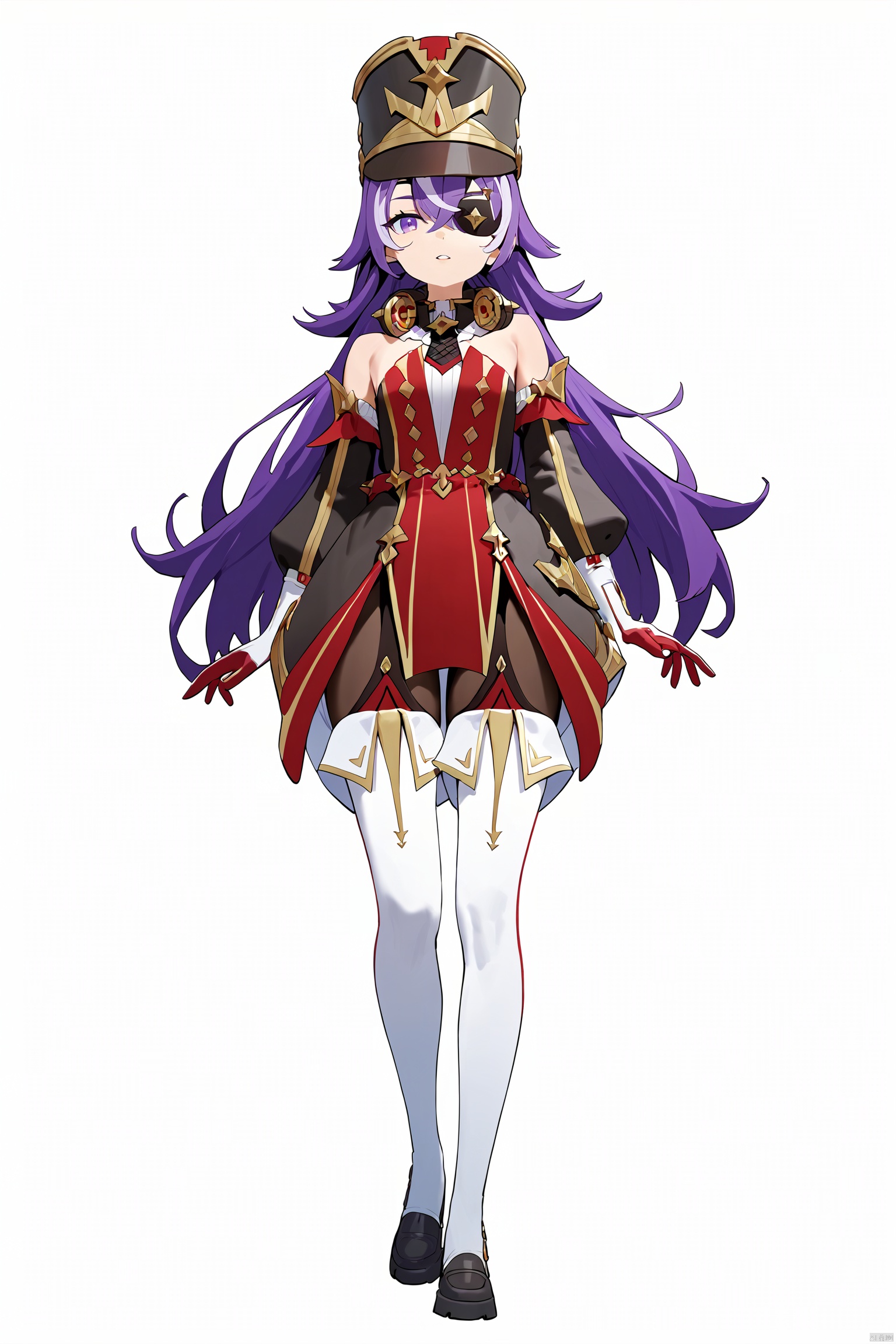  score_9,score_8_up,score_7_up,best quality,masterpiece,source_anime,8k,
masterpiece, best quality,1girl,parted lips, solo,full body,
xwl, def clothe, 1girl, eyepatch, purple hair, purple eyes, long hair, hat, red gloves,
cowboy shot,,white background,wide shot,lens 135mm,f1.8,looking_at_viewer