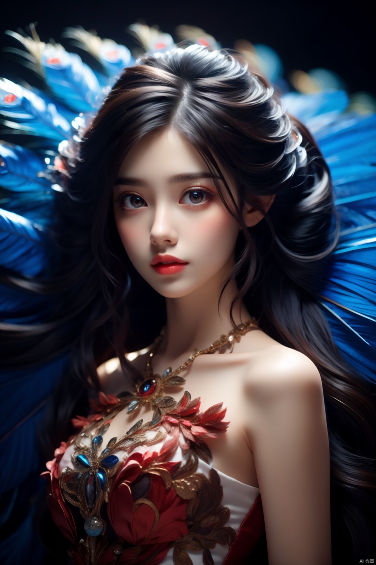  A peacock princess in a half-body portrait, undergoing a photography shoot with high-definition quality, set against a dark indoor background., 