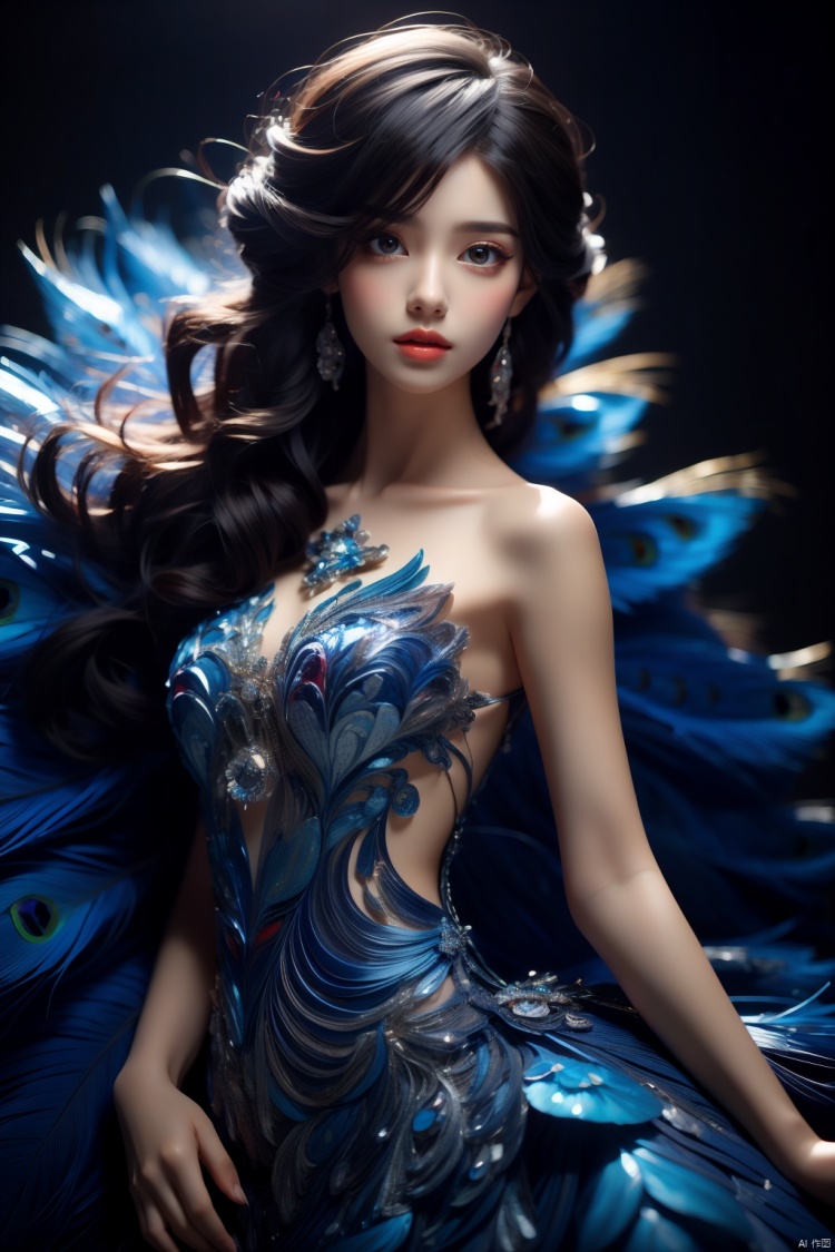  A peacock princess in a half-body portrait, undergoing a photography shoot with high-definition quality, set against a dark indoor background., 