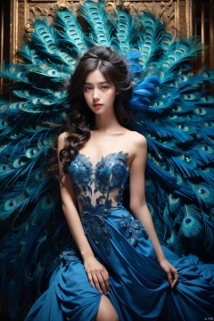  Masterpiece, best quality, bust, a girl, Peacock princess, blue dress, exquisite face, sexy, white skin, medium chest, HD photography, (Peacock) , ((poakl)), 1girl,moyou