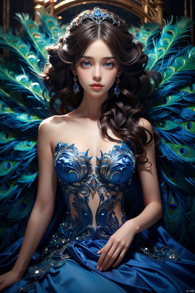  Masterpiece, best quality, bust, a girl, Peacock princess, blue dress, exquisite face, sexy, white skin, medium chest, HD photography, (Peacock) , ((poakl)), 1girl,moyou