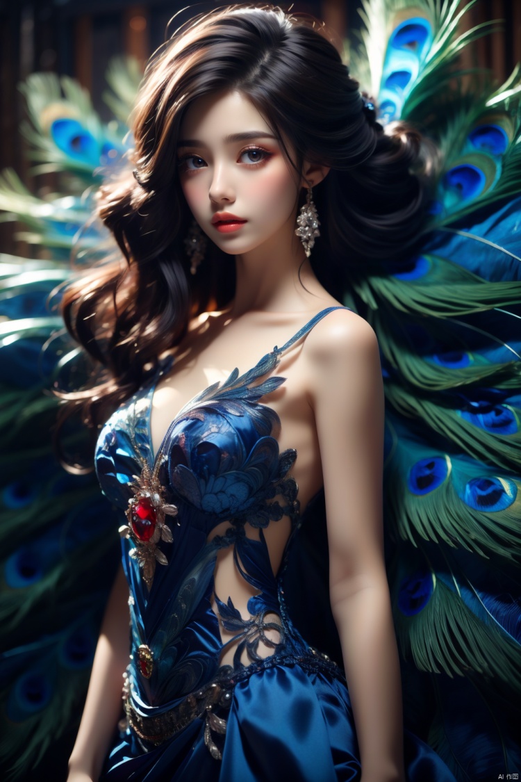  Masterpiece, best quality, bust, a girl, Peacock princess, blue dress, exquisite face, sexy, white skin, medium chest, HD photography, (Peacock) , ((poakl)), 1girl,moyou