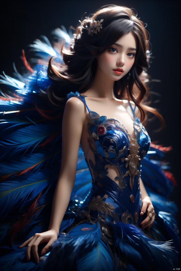  A peacock princess in a half-body portrait, undergoing a photography shoot with high-definition quality, set against a dark indoor background., 