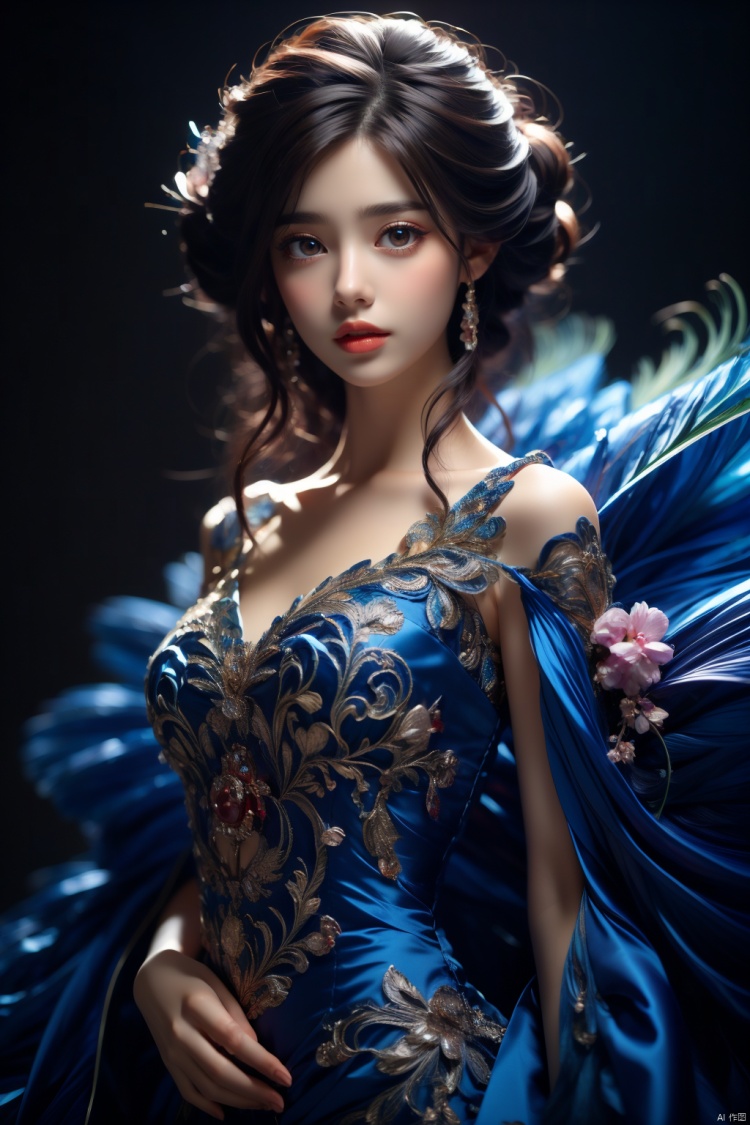  A peacock princess in a half-body portrait, undergoing a photography shoot with high-definition quality, set against a dark indoor background., ((poakl))