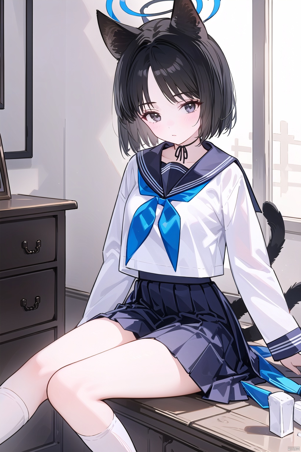  1girl,(masterpiece:1.3),( beautiful:1.2),(high quality:1.2),(finely detailed:1.2),extremely detailed CG unity 8k wallpaper,best quality,a very delicate and beautiful,perfect fingers,(one cute girl at the center:1.2),
short hair, bangs, skirt, shirt, black hair, long sleeves, holding, animal ears, sitting,school uniform, tail, white shirt, pleated skirt, japanese clothes, serafuku, choker, socks, cat ears, sailor collar, black eyes, blue skirt, cat tail, neckerchief, animal ear fluff, black choker, halo, cat girl, white socks, blue sailor collar, bench, blue neckerchief, scissors,kikyou,