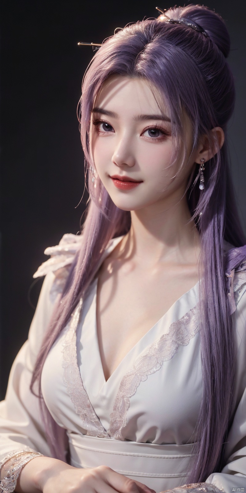  HDR, UHD, 8K, A real person, Highly detailed, best quality, masterpiece, 1girl, realistic, Highly detailed, (EOS R8, 50mm, F1.2, 8K, RAW photo:1.2), ultra realistic 8k, kind smile
yunxiao, 1girl, purple hair, long hair, hair ornament,  , solo, dress, earrings, jewelry, hair bun