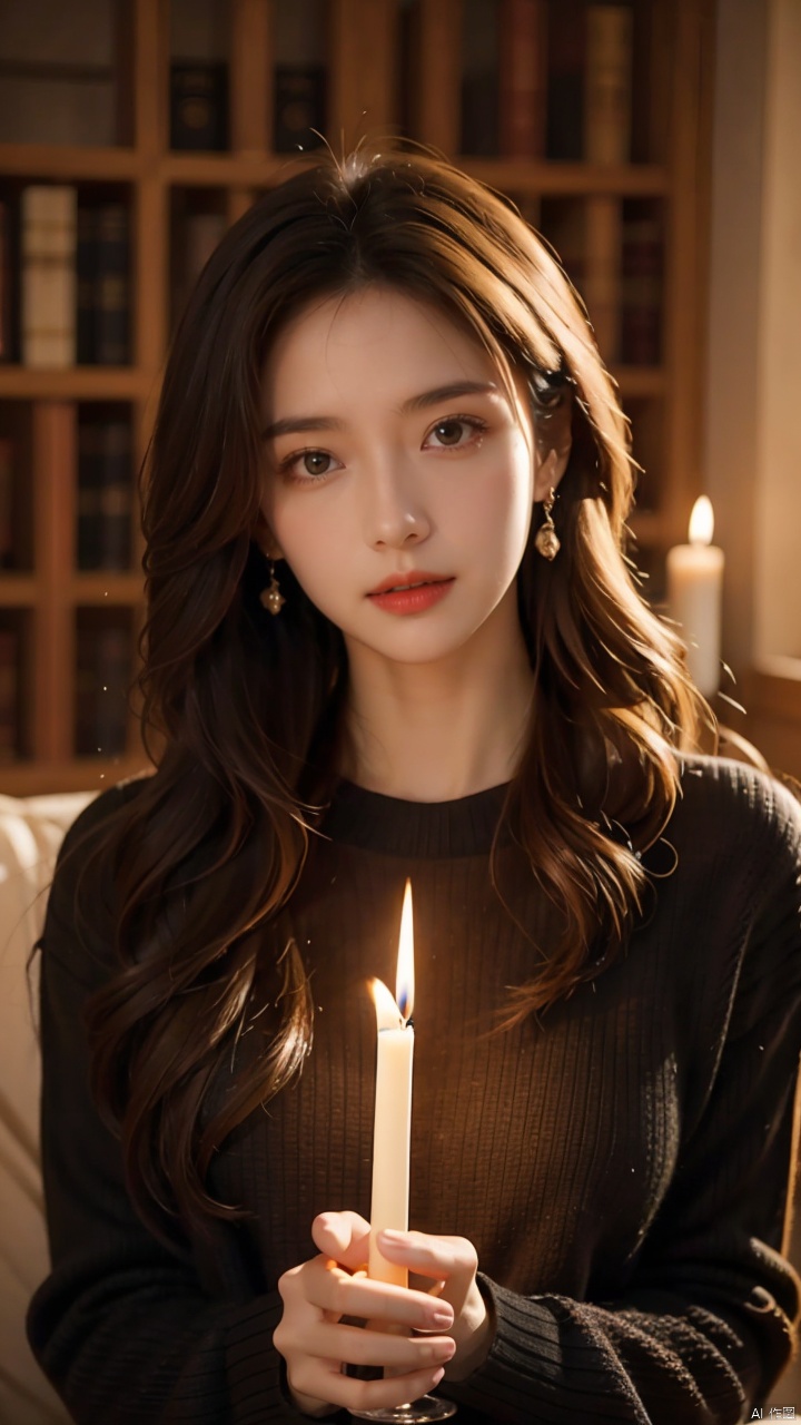 xxmix_girl,  a woman with long hair and a black sweater is holding a candle in her hand and looking at the camera on Tenso...