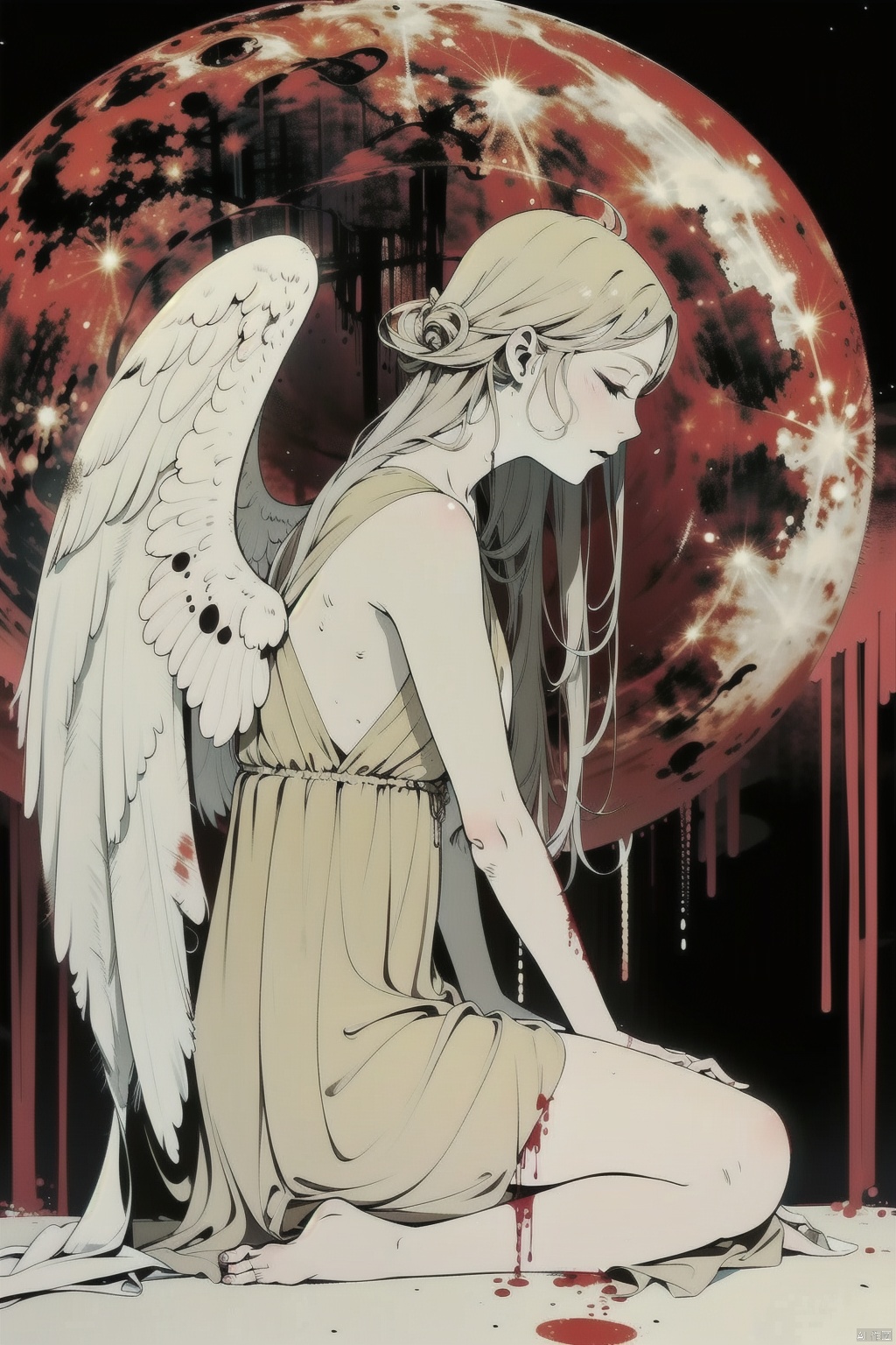 qzsx, moon, wings, solo, long hair, 1girl, barefoot, blood, closed eyes, angel wings, full moon, feathered wings, halo, red moon, angel, from side, night, dress, profile, sky, white wings