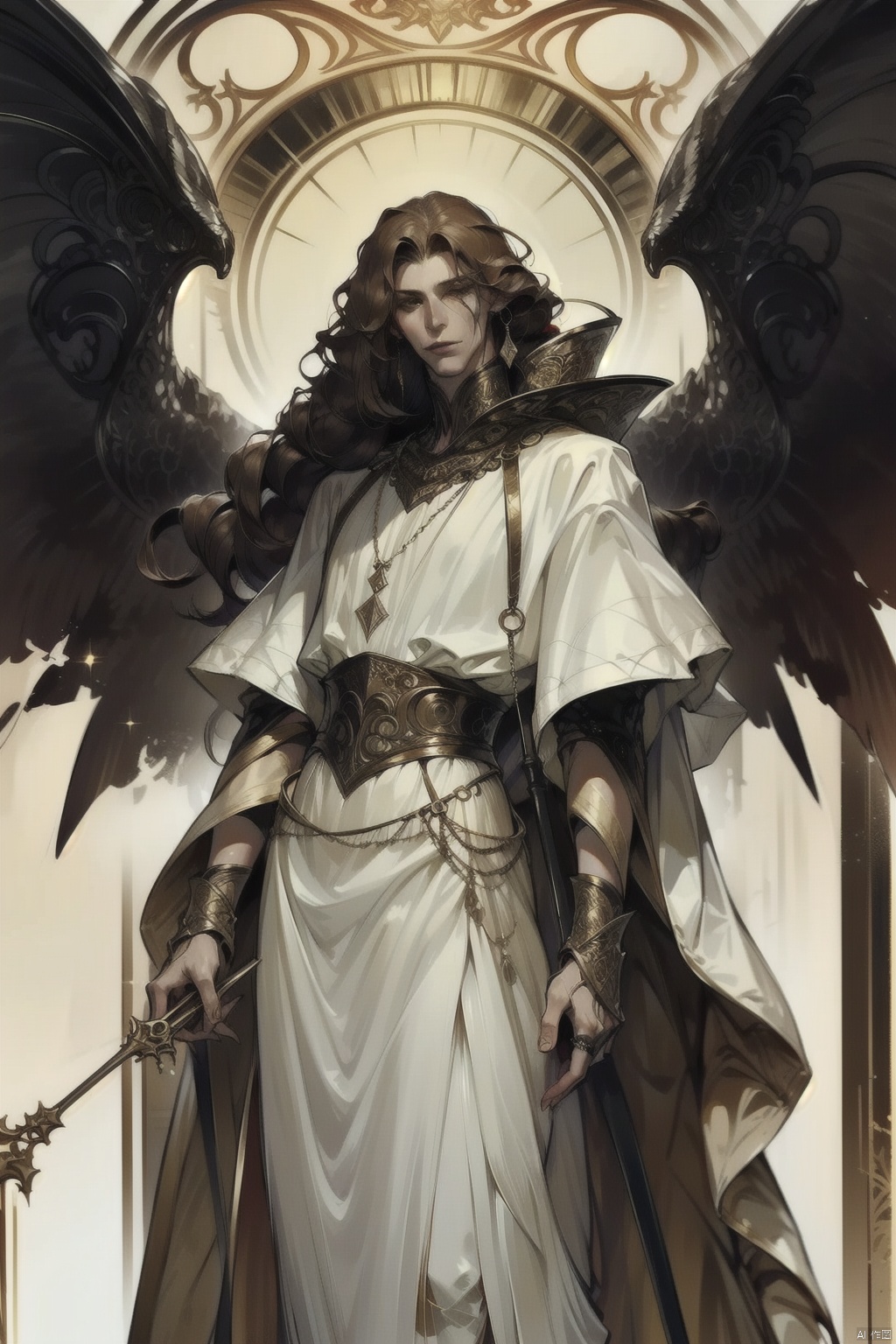 qzsx, solo, wings, long hair, black wings, brown hair, robe, 1girl, jewelry, male focus, standing, dark skin, angel, feathered wings, dress, holding, closed mouth, staff, ring, 1boy