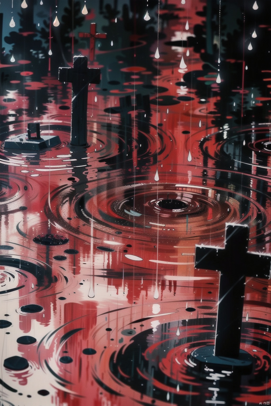 qzsx, no humans, rain, ripples, reflection, water, puddle, traditional media, cross