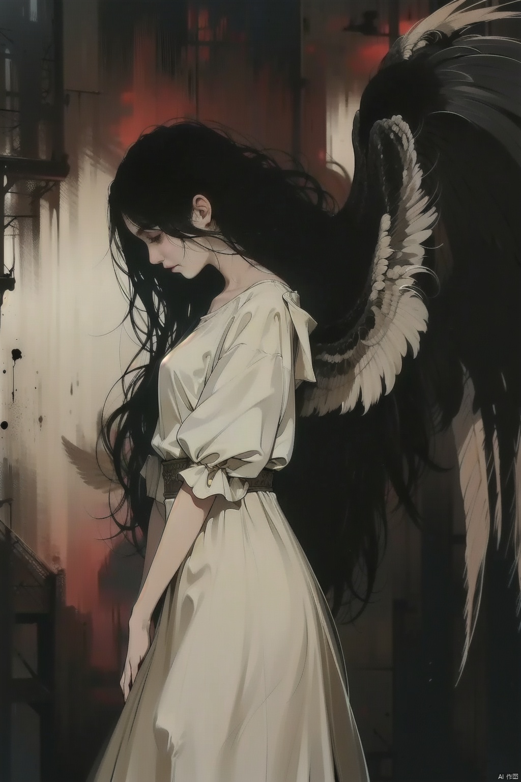 qzsx, solo, black hair, long hair, wings, 1girl, dress, black dress