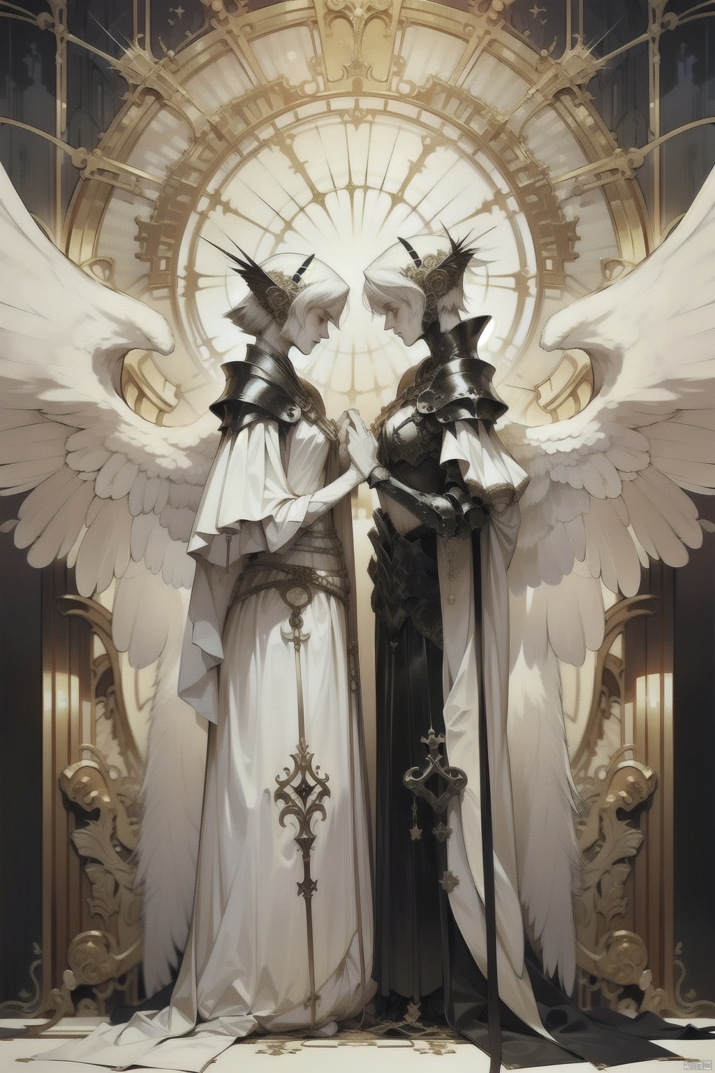 qzsx, wings, armor, cross, robe, feathered wings, angel wings, standing, angel, short hair, from side, black wings, pauldrons, shoulder armor, profile, multiple boys, white hair, full body, contrast, closed eyes, wide sleeves, multiple wings, white robe, 1girl, 2boys, weapon, dress, covered eyes, sword, long sleeves