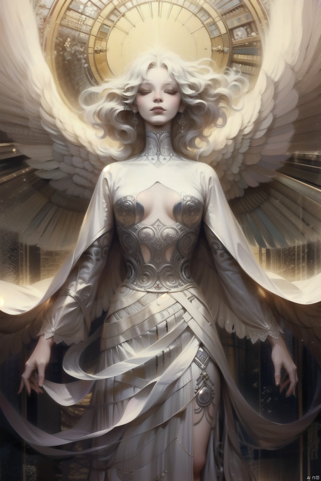 qzsx, solo, wings, 1girl, dress, feathered wings, covered eyes, halo, long hair, angel, facing viewer, multiple wings