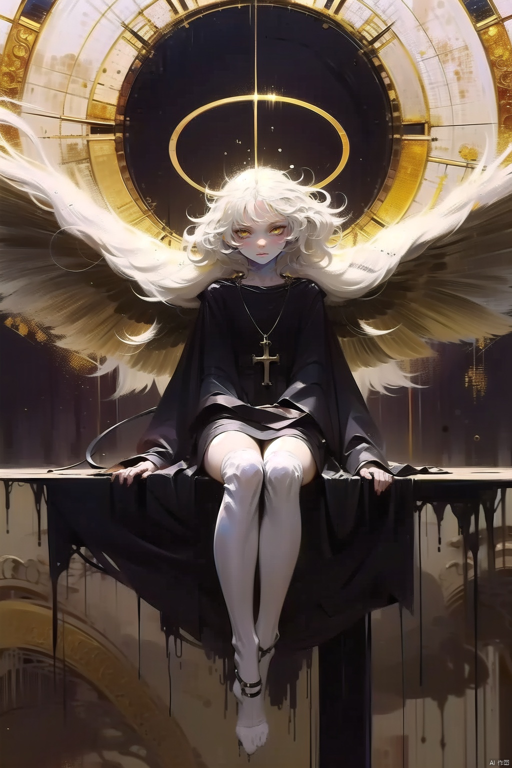  white hair,yellow eyes,looking up,stockings,long hair,hime cut,messy hair,floating hair,demon wings,halo,cross necklace,holy,divinity,shine,holy light,cat girl,(loli),(petite),solo,hand101,
,