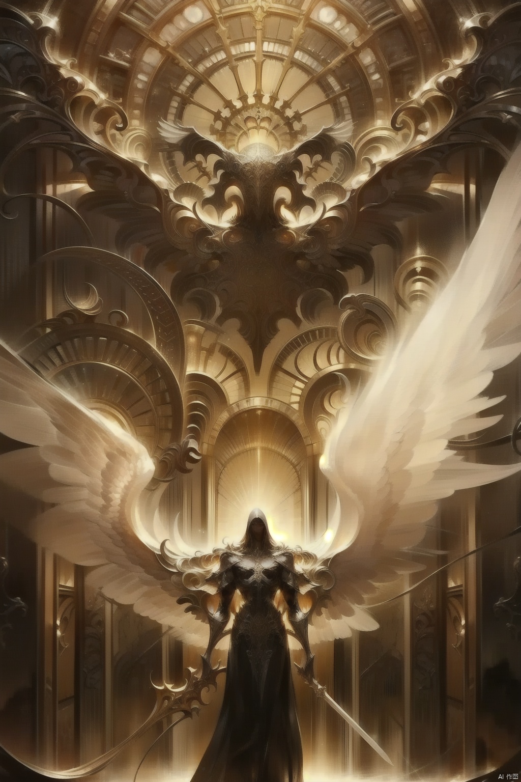 qzsx, wings, angel, weapon, statue, angel wings, holding weapon, holding, sword, feathered wings, multiple wings, multiple boys, long hair, standing