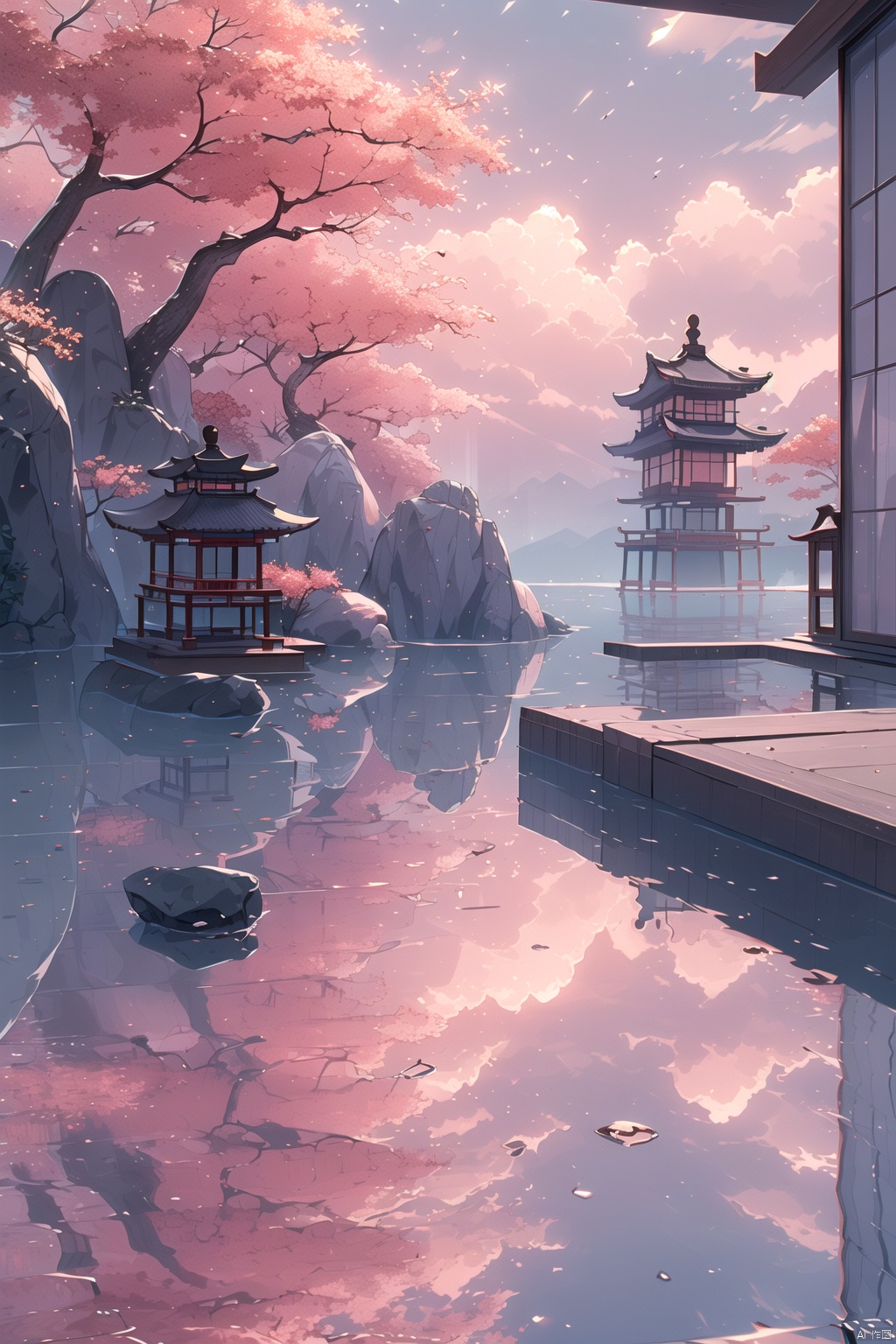 (\wei lai de jia\), scenery, reflection, no humans, tree, water, architecture, outdoors, east asian architecture, building, sky, rock, reflective water, cloud