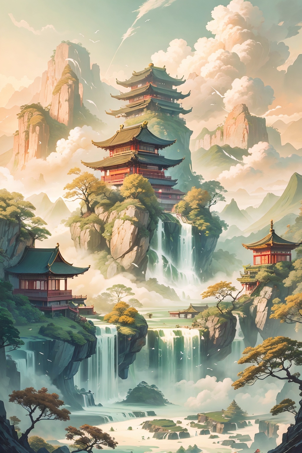 waterfall, scenery, tree,no humans, water, outdoors, east asian architecture, pagoda, bird, mountain, cloud, nature, building, day, sky, masterpiece, best quality