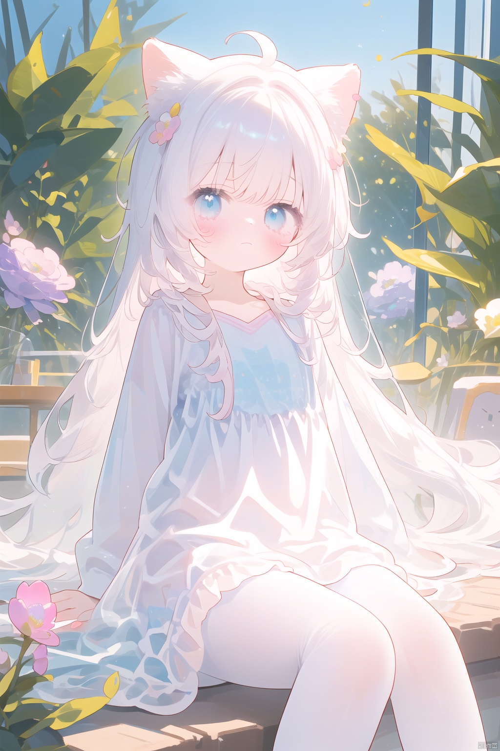  8k Wallpaper,grand,(((masterpiece))), (((best quality))), ((ultra-detailed)), (illustration), ((an extremely delicate and beautiful)),dynamic angle,rainbow hair,detailed cute anime face,((loli)),(((masterpiece))),an extremely delicate and beautiful girl,flower,cry,water,corrugated,flowers tire,broken glass,(broken screen),atlantis,transparent glass, ears down, loli, 1girl, white pantyhose