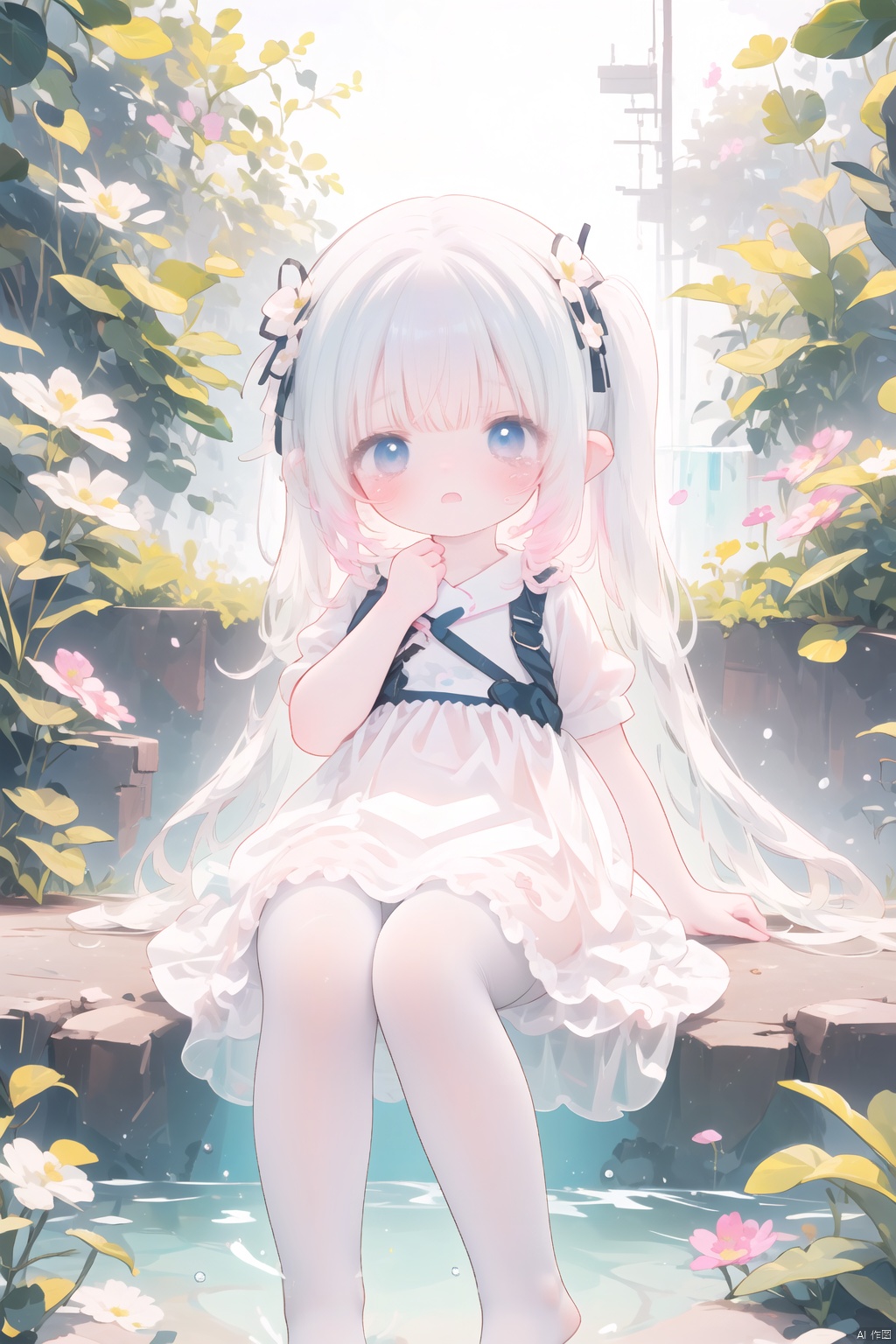  8k Wallpaper,grand,(((masterpiece))), (((best quality))), ((ultra-detailed)), (illustration), ((an extremely delicate and beautiful)),dynamic angle,rainbow hair,detailed cute anime face,((loli)),(((masterpiece))),an extremely delicate and beautiful girl,flower,cry,water,corrugated,flowers tire,broken glass,(broken screen),atlantis,transparent glass, ears down, loli, 1girl, white pantyhose