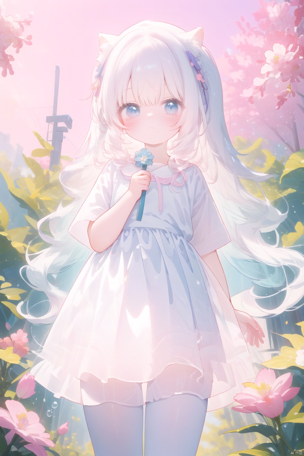  8k Wallpaper,grand,(((masterpiece))), (((best quality))), ((ultra-detailed)), (illustration), ((an extremely delicate and beautiful)),dynamic angle,rainbow hair,detailed cute anime face,((loli)),(((masterpiece))),an extremely delicate and beautiful girl,flower,cry,water,corrugated,flowers tire,broken glass,(broken screen),atlantis,transparent glass, ears down, loli, 1girl, white pantyhose