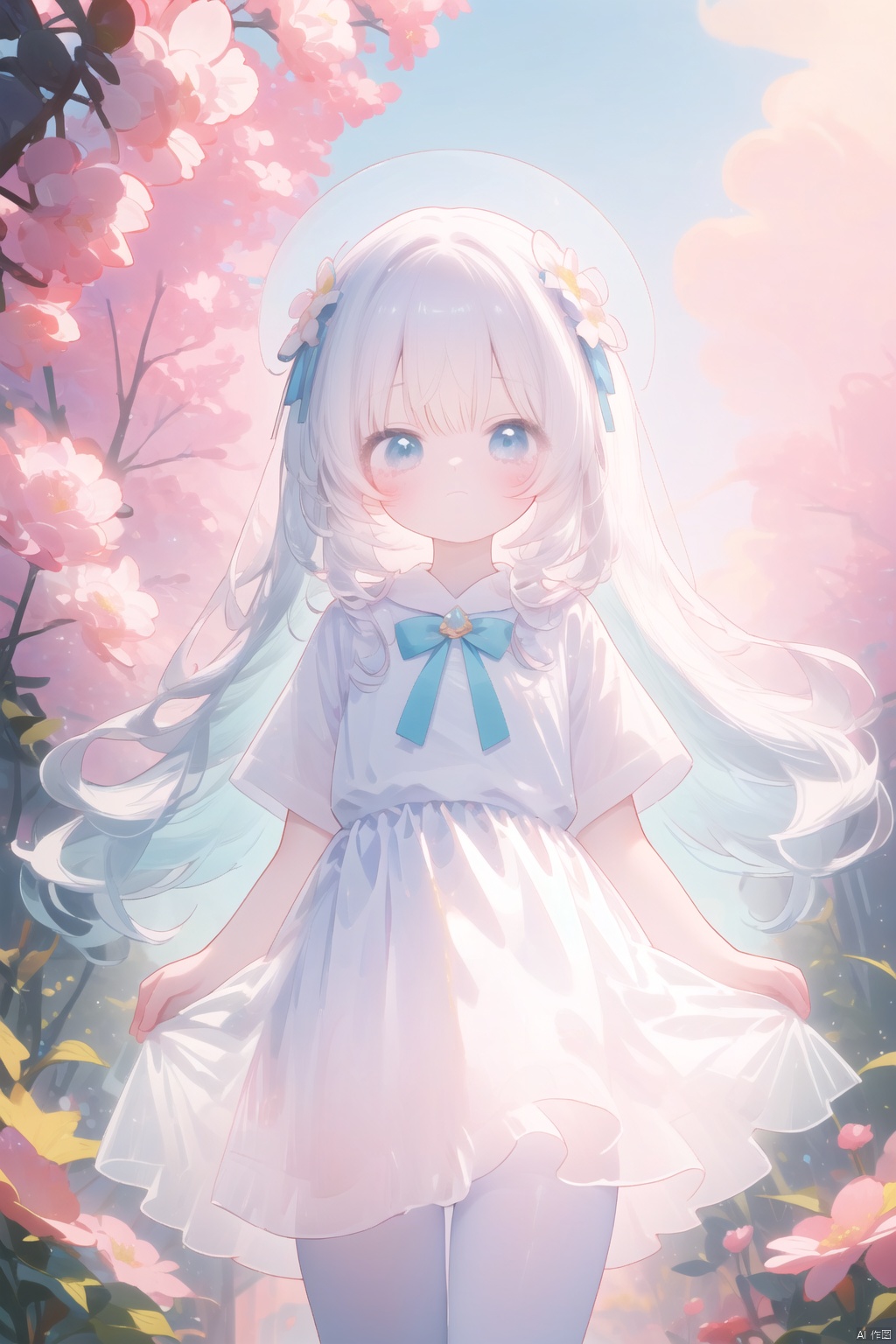  8k Wallpaper,grand,(((masterpiece))), (((best quality))), ((ultra-detailed)), (illustration), ((an extremely delicate and beautiful)),dynamic angle,rainbow hair,detailed cute anime face,((loli)),(((masterpiece))),an extremely delicate and beautiful girl,flower,cry,water,corrugated,flowers tire,broken glass,(broken screen),atlantis,transparent glass, ears down, loli, 1girl, white pantyhose