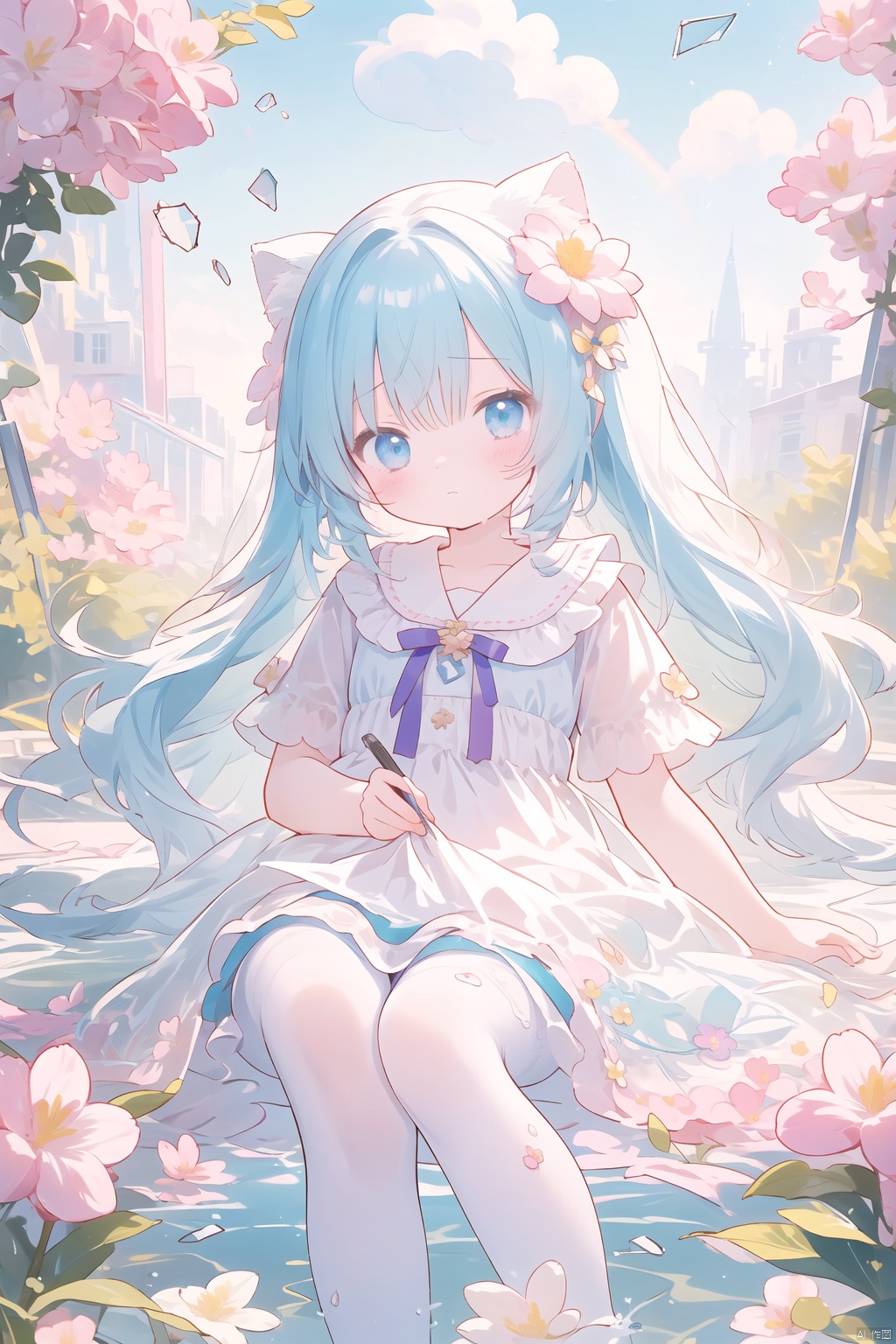  8k Wallpaper,grand,(((masterpiece))), (((best quality))), ((ultra-detailed)), (illustration), ((an extremely delicate and beautiful)),dynamic angle,rainbow hair,detailed cute anime face,((loli)),(((masterpiece))),an extremely delicate and beautiful girl,flower,cry,water,corrugated,flowers tire,broken glass,(broken screen),atlantis,transparent glass, ears down, loli, 1girl, white pantyhose