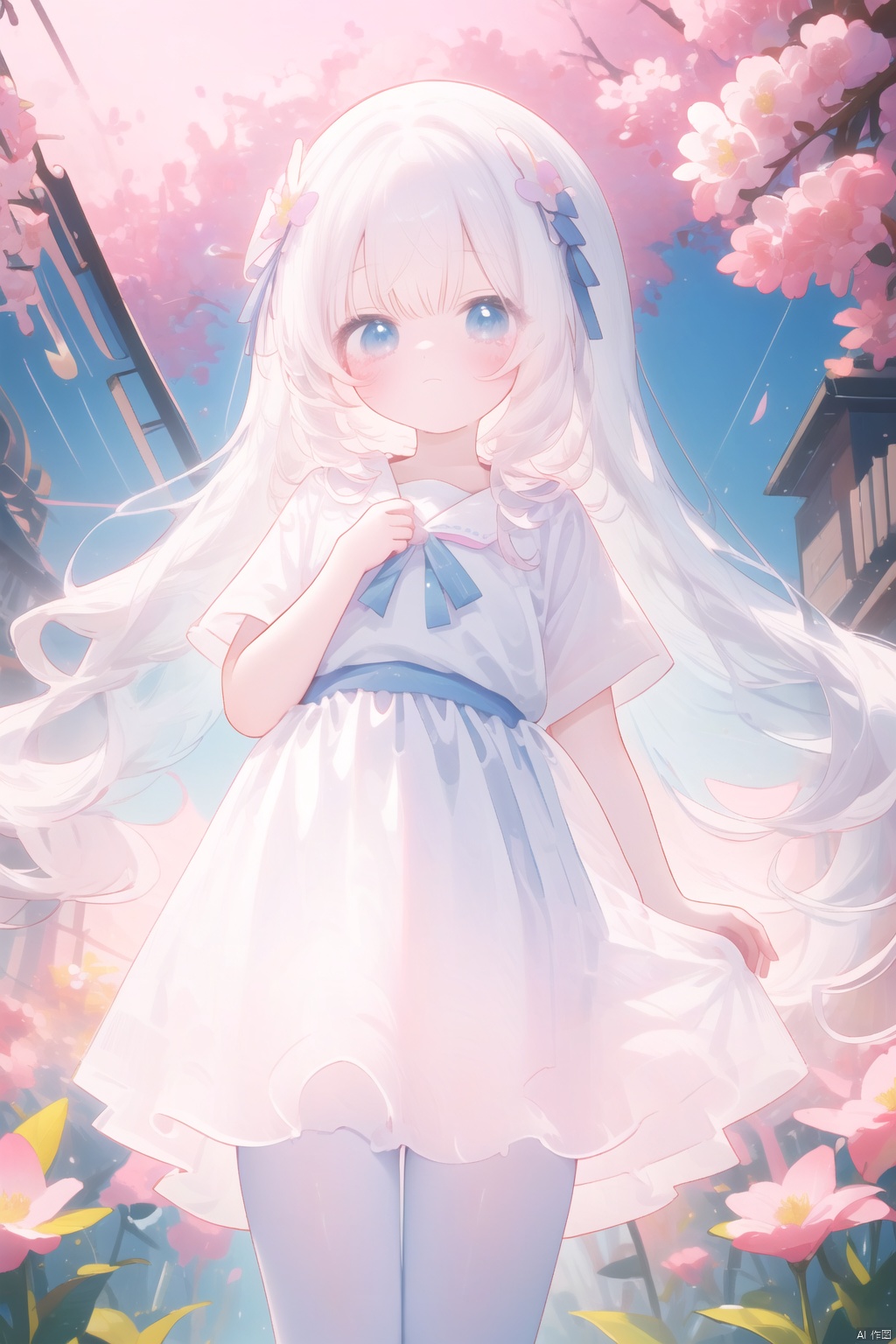  8k Wallpaper,grand,(((masterpiece))), (((best quality))), ((ultra-detailed)), (illustration), ((an extremely delicate and beautiful)),dynamic angle,rainbow hair,detailed cute anime face,((loli)),(((masterpiece))),an extremely delicate and beautiful girl,flower,cry,water,corrugated,flowers tire,broken glass,(broken screen),atlantis,transparent glass, ears down, loli, 1girl, white pantyhose