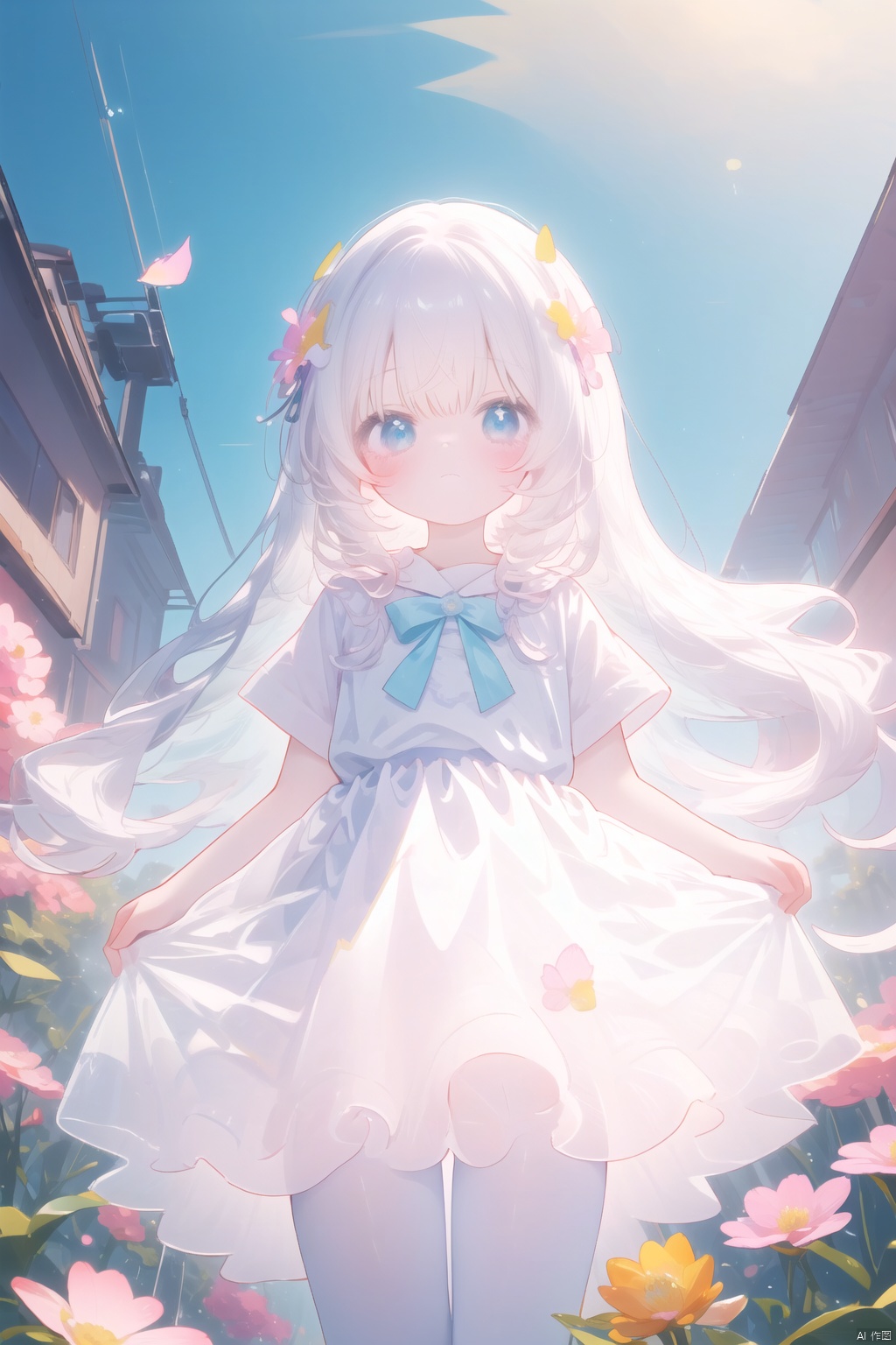  8k Wallpaper,grand,(((masterpiece))), (((best quality))), ((ultra-detailed)), (illustration), ((an extremely delicate and beautiful)),dynamic angle,rainbow hair,detailed cute anime face,((loli)),(((masterpiece))),an extremely delicate and beautiful girl,flower,cry,water,corrugated,flowers tire,broken glass,(broken screen),atlantis,transparent glass, ears down, loli, 1girl, white pantyhose