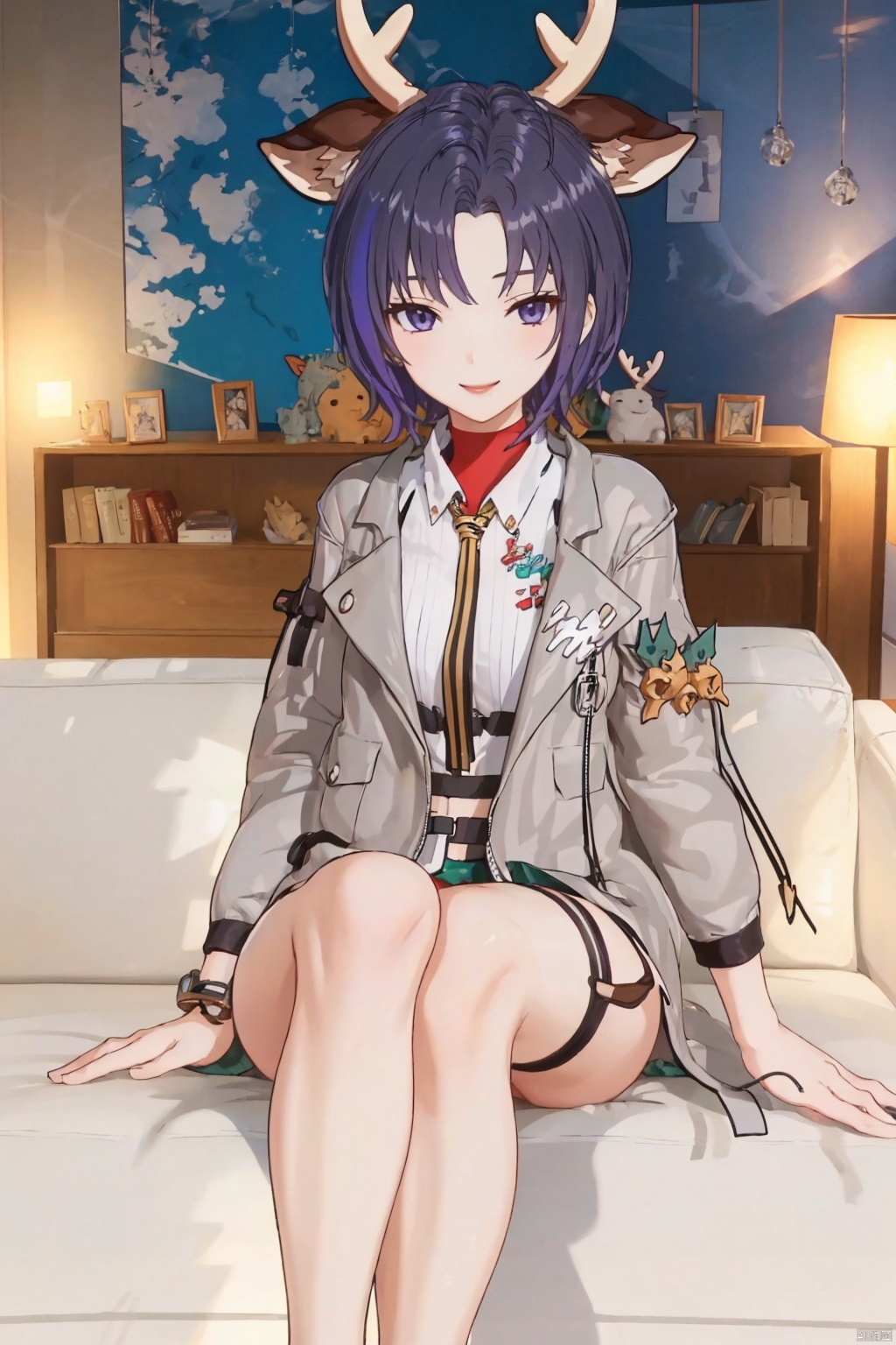 , 1girl, animal ears, solo, antlers,jacket, reindeer antlers,purple eyes, looking at viewer, short hair, smile,, thigh strap, shirt