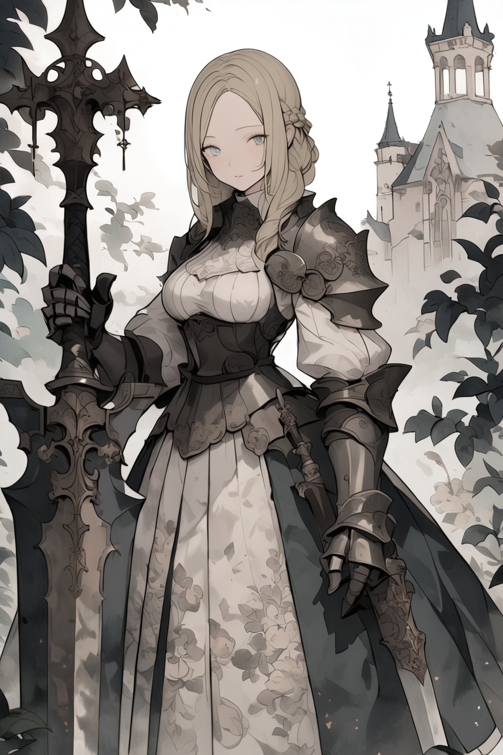 royal knight, 1girl, weapon, solo, gauntlets, sword, holding, holding weapon, long hair, holding sword, armor, looking at viewer, blonde hair, skirt, closed mouth, puffy sleeves, blue eyes, breasts, braid, huge weapon, standing, grey eyes, blush, dress, royal garden, outdoors, 
masterpiece, best quality, aesthetic,